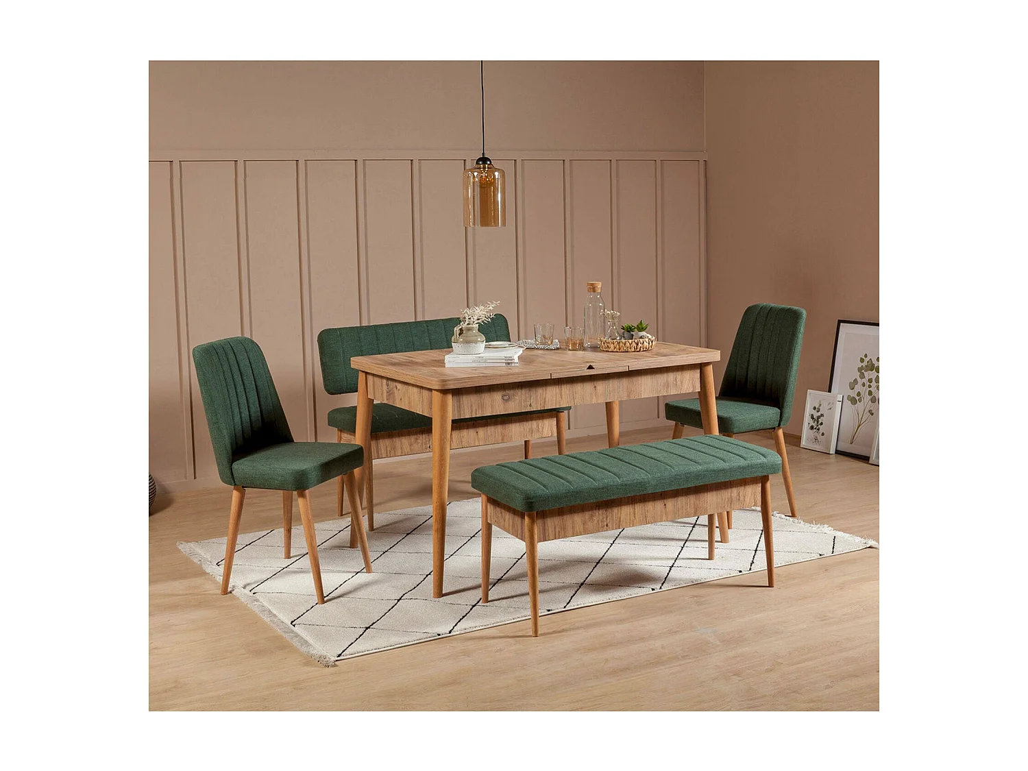 Djansru bank, Multifunctionele bank, Gastenzitplaats, Multifunctionele ladekast, 110x40 h85 cm, Eiken en Groen