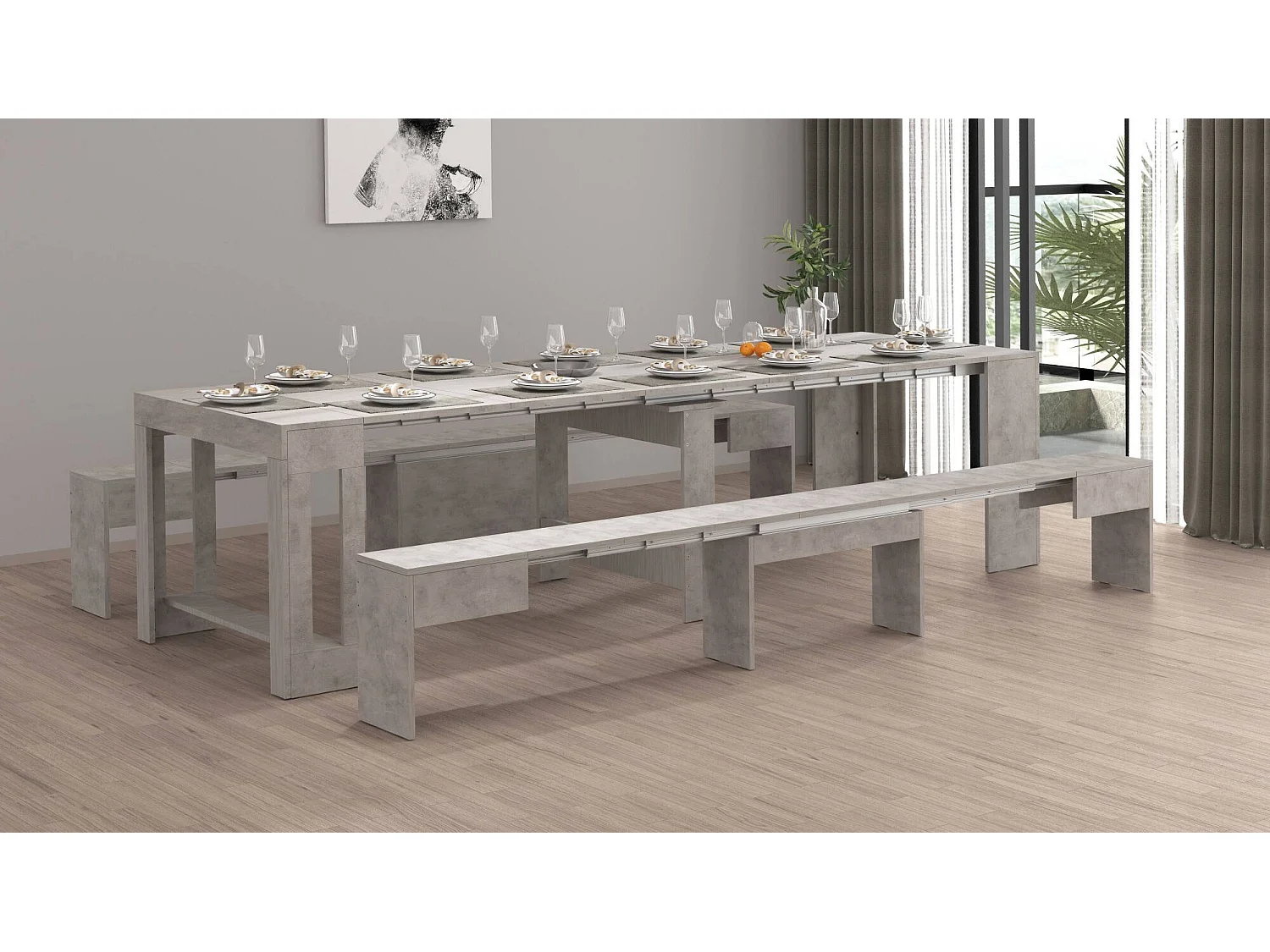 Banc Dcolasuon, Lot de 2 Sièges pour table à manger, Bancs extensibles, 290x25h45 cm, Gris