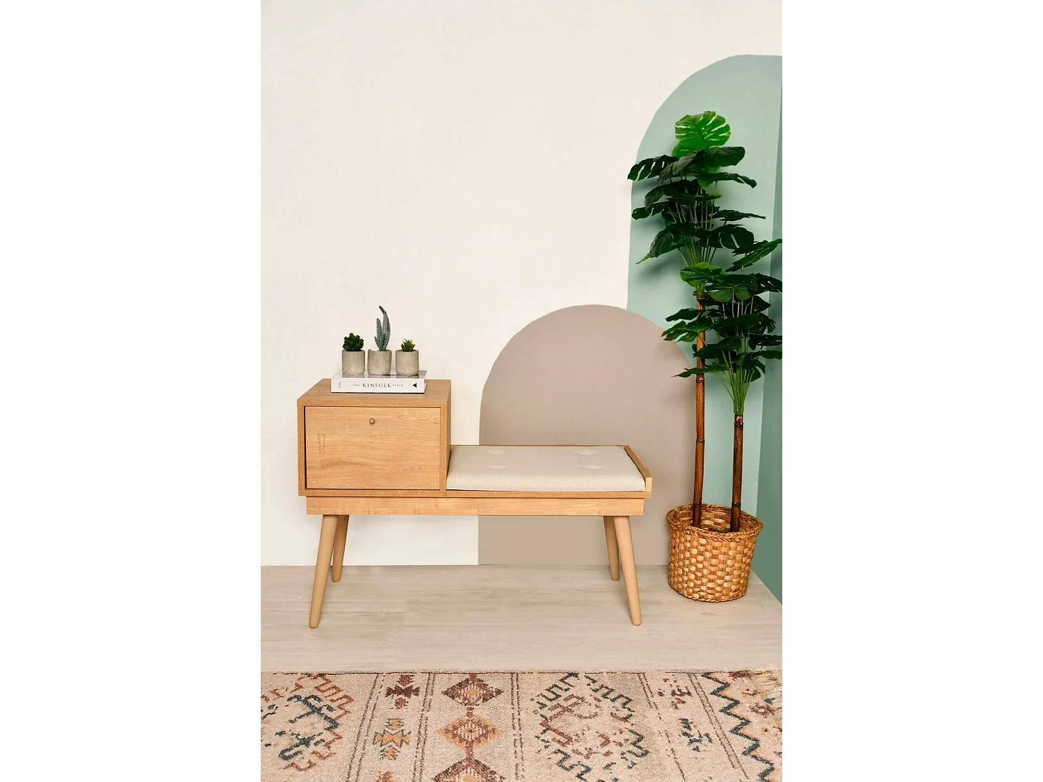 Dabankwa bank, Multifunctionele bank, Gastenzitplaats, Multifunctionele ladekast, 40x105h45 cm, Eiken en Crème