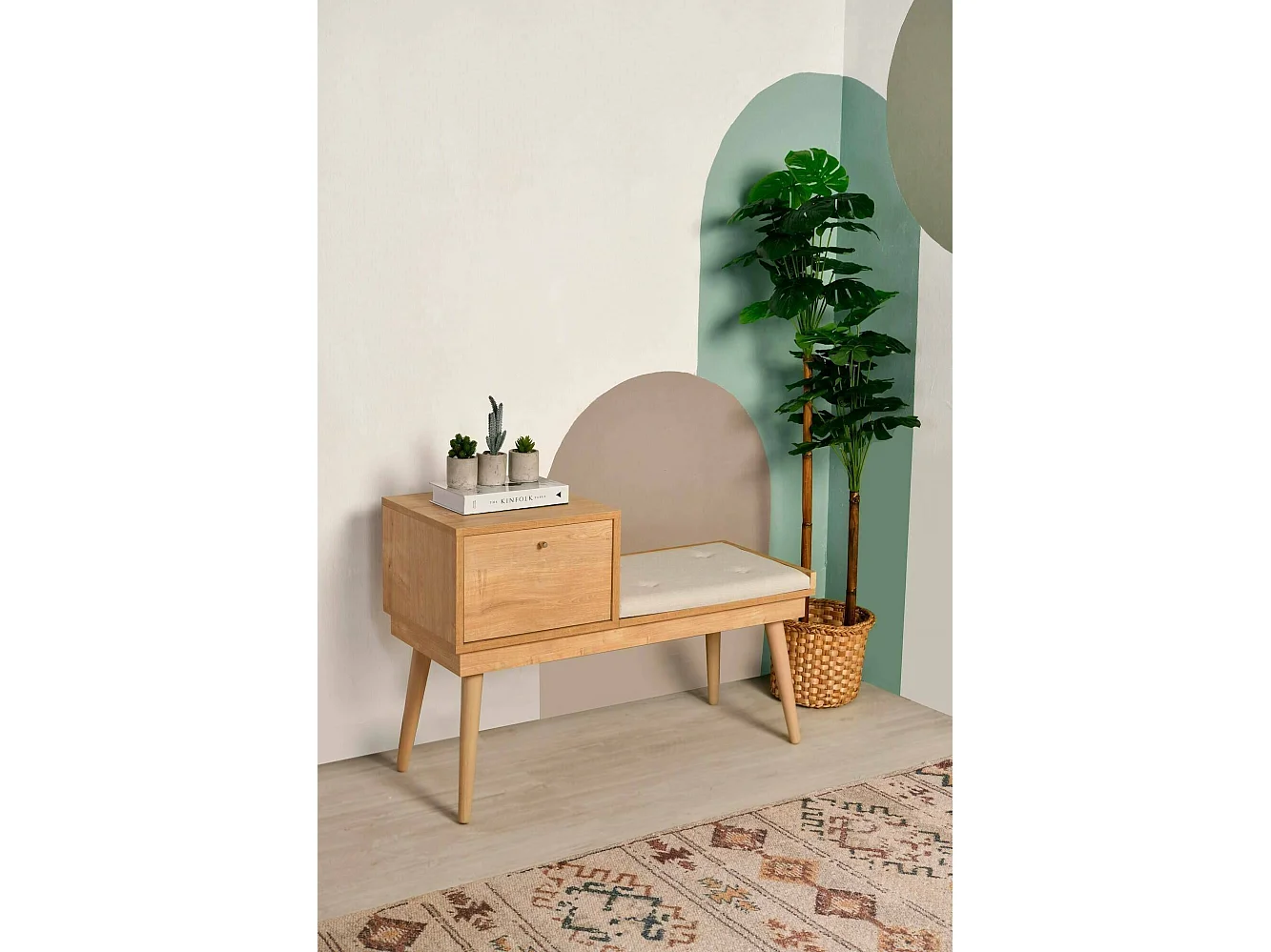 Mesa Dabankwa, Banco multiusos, Asiento de invitados, Cofre multifuncional, 40x105h45 cm, Roble y Crema