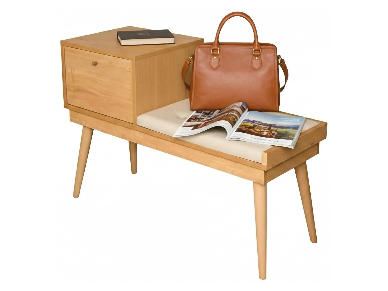Banc Dabankwa, Banc polyvalent, Sièges pour les invités, Coffre multifonctionnel, 40x105h45 cm, Chêne et Crème