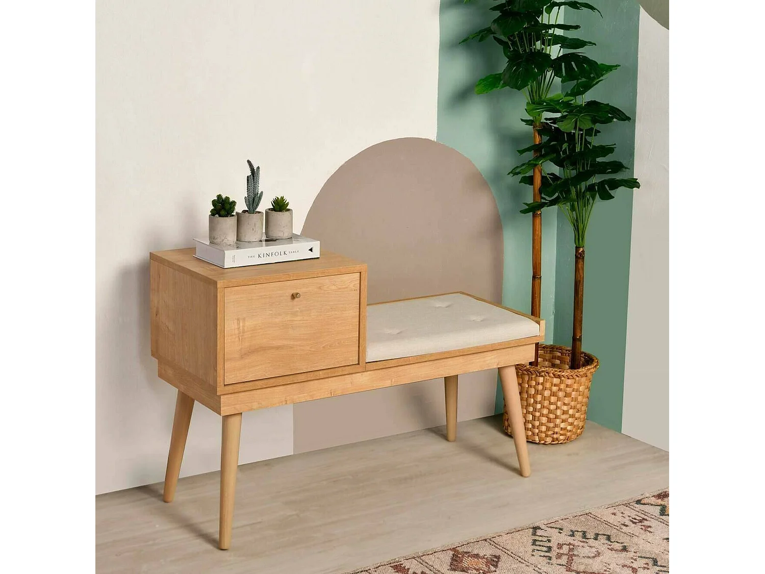 Banc Dabankwa, Banc polyvalent, Sièges pour les invités, Coffre multifonctionnel, 40x105h45 cm, Chêne et Crème