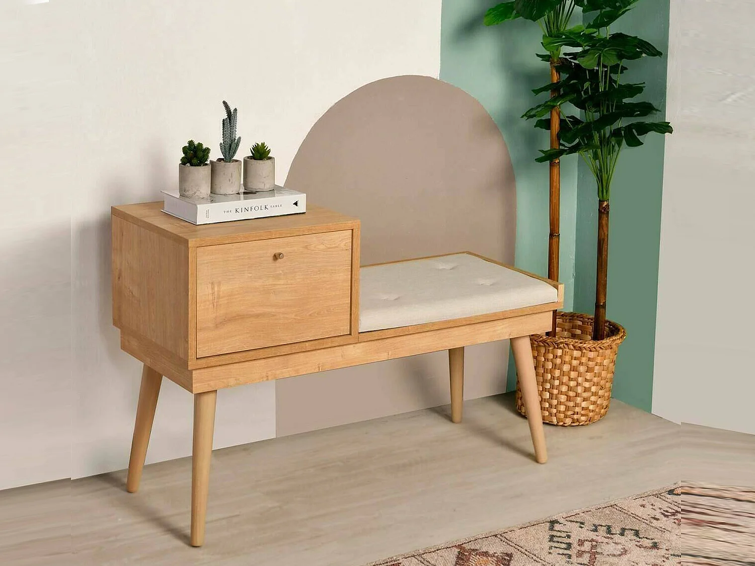 Banc Dabankwa, Banc polyvalent, Sièges pour les invités, Coffre multifonctionnel, 40x105h45 cm, Chêne et Crème