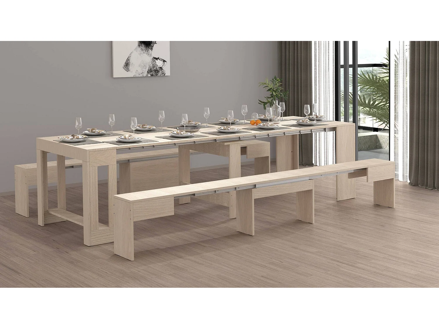 Banc Dcolasuon, Lot de 2 Sièges pour table à manger, Bancs extensibles, 290x25h45 cm, Olmo