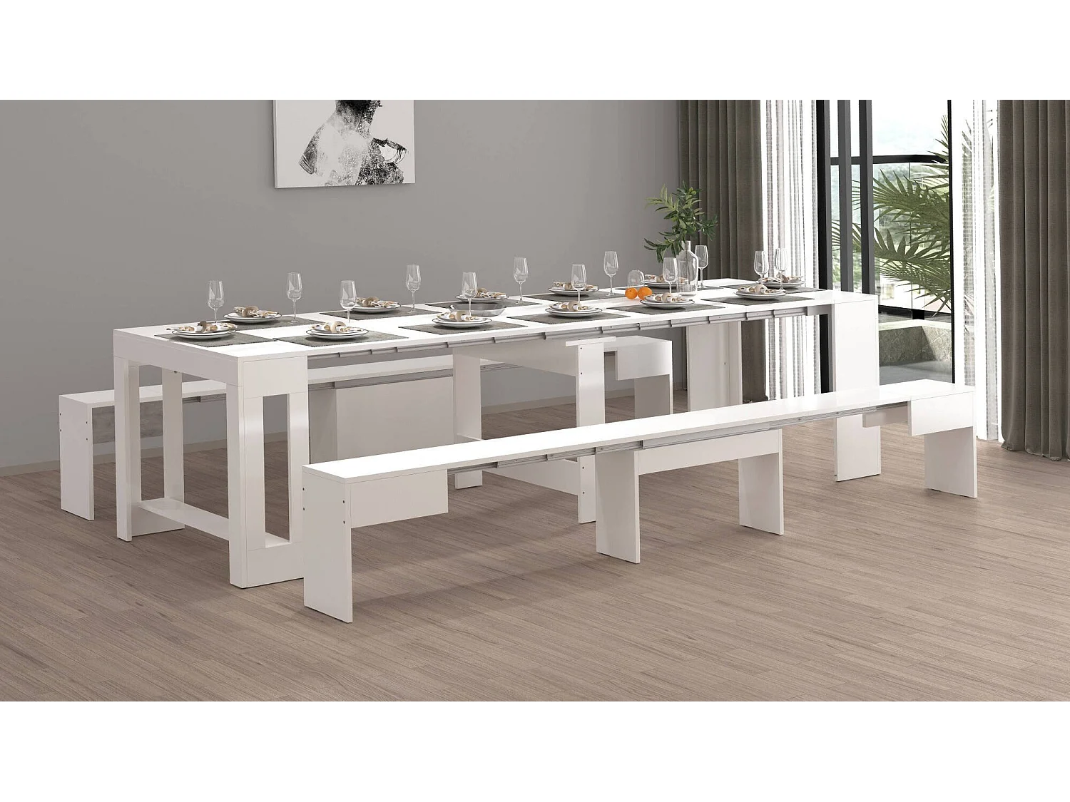 Banc Dcolasuon, Lot de 2 Sièges pour table à manger, Bancs extensibles, 290x25h45 cm, Blanc brillant