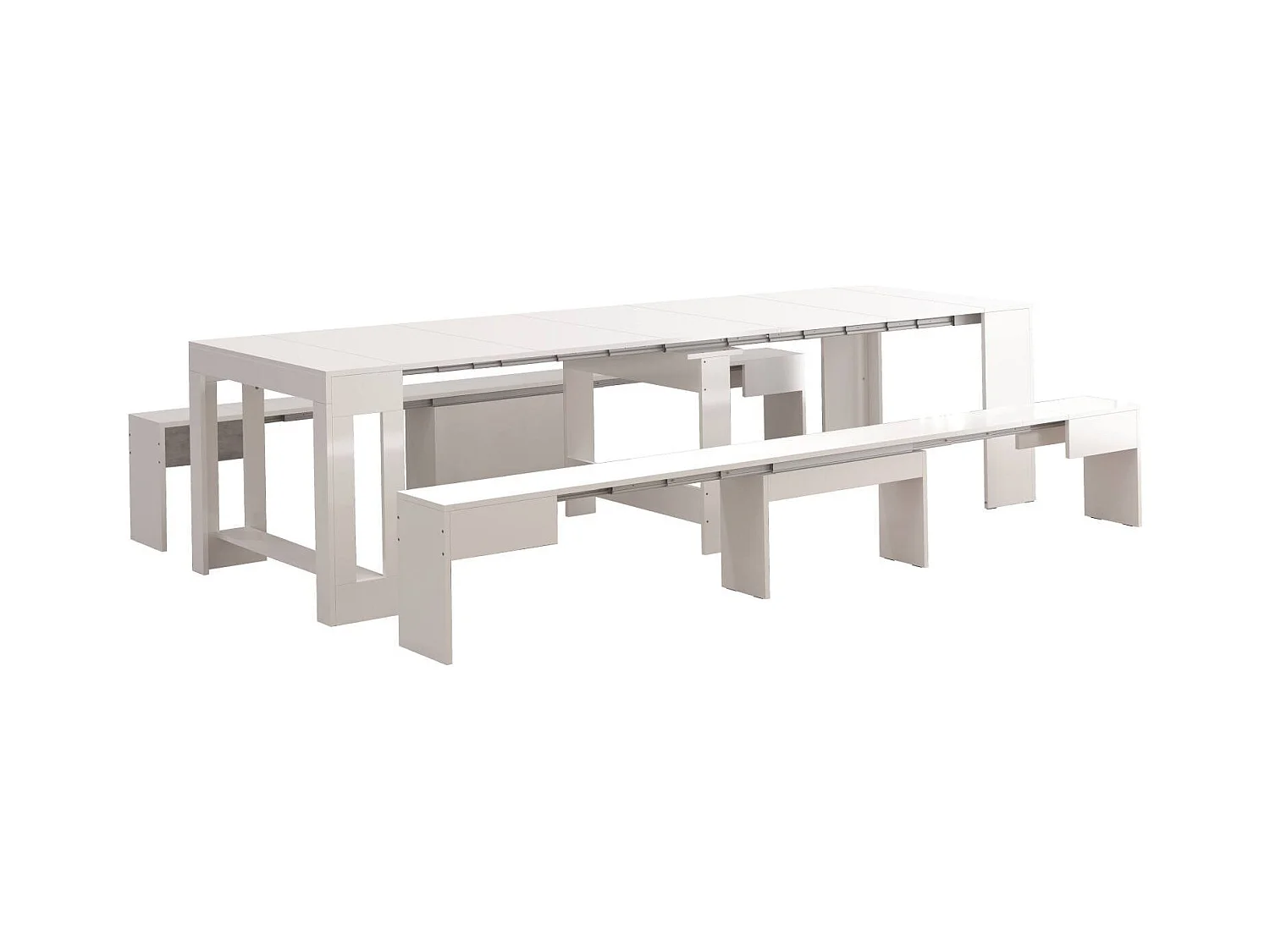 Dcolasuon bank, Set van 2 stoelen voor eettafel, Uitschuifbare banken, 290x25h45 cm, Glanzend wit