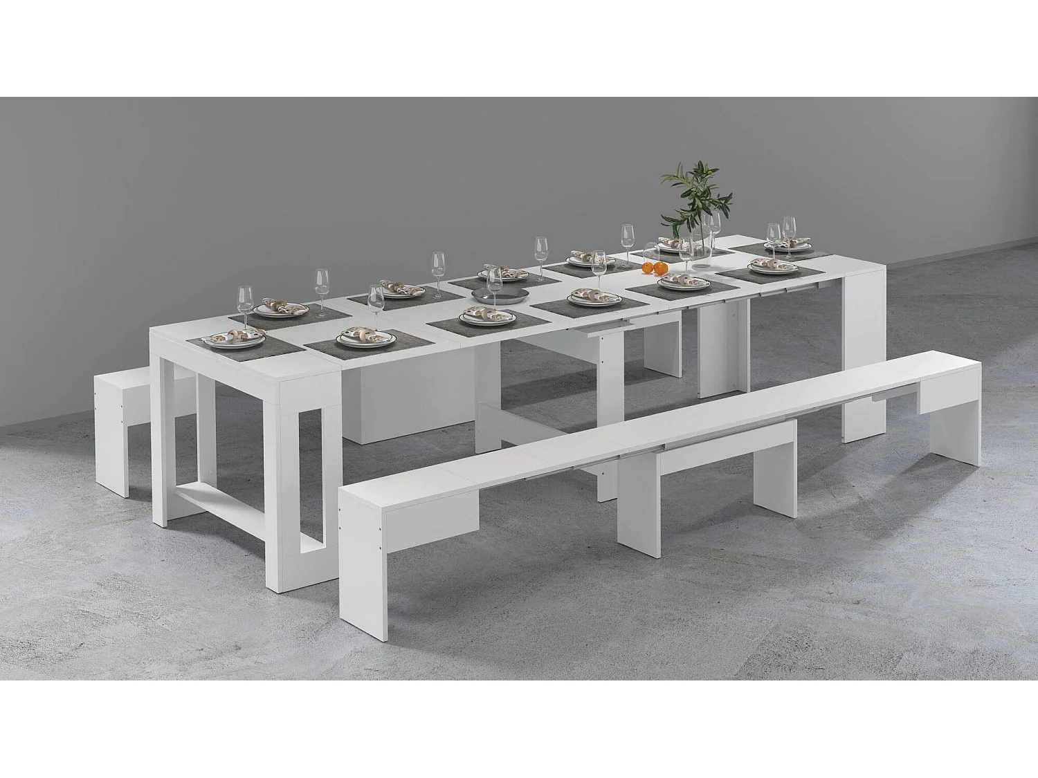 Dcolasuon bank, Set van 2 stoelen voor eettafel, Uitschuifbare banken, 290x25h45 cm, Glanzend wit