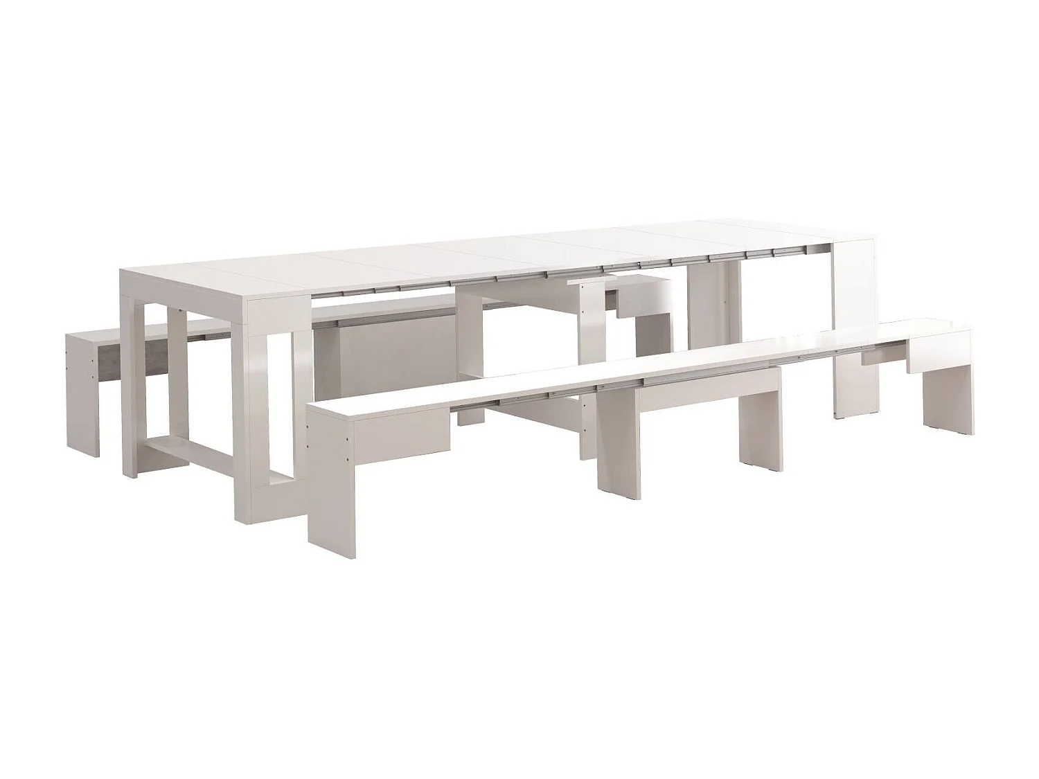 Dcolasuon bank, Set van 2 stoelen voor eettafel, Uitschuifbare banken, 290x25h45 cm, Glanzend wit