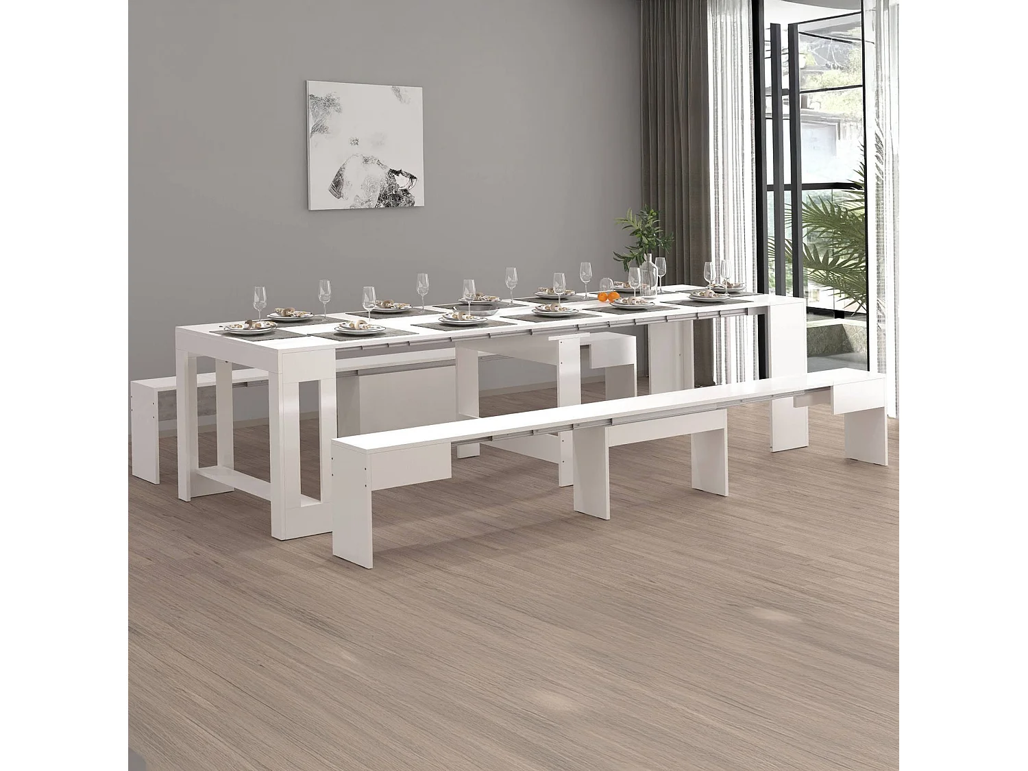 Banc Dcolasuon, Lot de 2 Sièges pour table à manger, Bancs extensibles, 290x25h45 cm, Blanc brillant