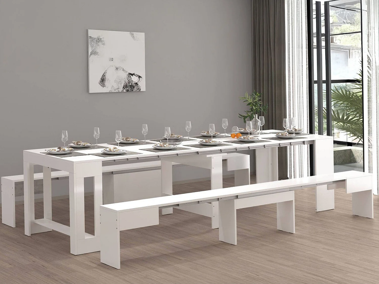 Banco Dcolasuon, Conjunto de 2 lugares para mesa de jantar, Bancos extensíveis, 290x25h45 cm, Branco brilhante
