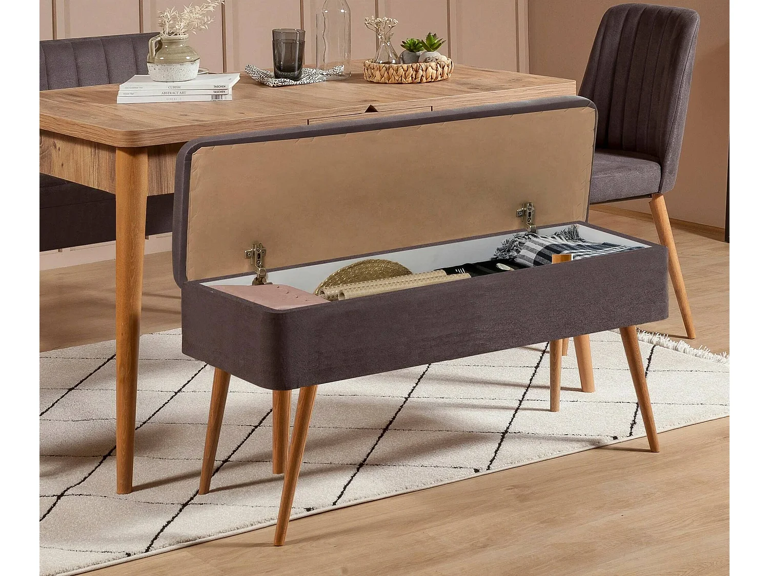 Banc Dcart, Banc polyvalent, Sièges pour les invités, Coffre multifonctionnel, 90x39h40 cm, Noyer et Anthracite
