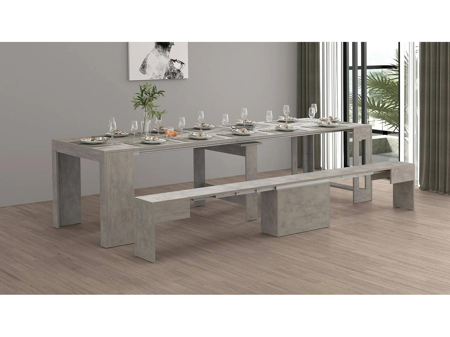 Banc Dollocol, Siège pour table à manger, Banc simple extensible, 290x25h45 cm, Gris