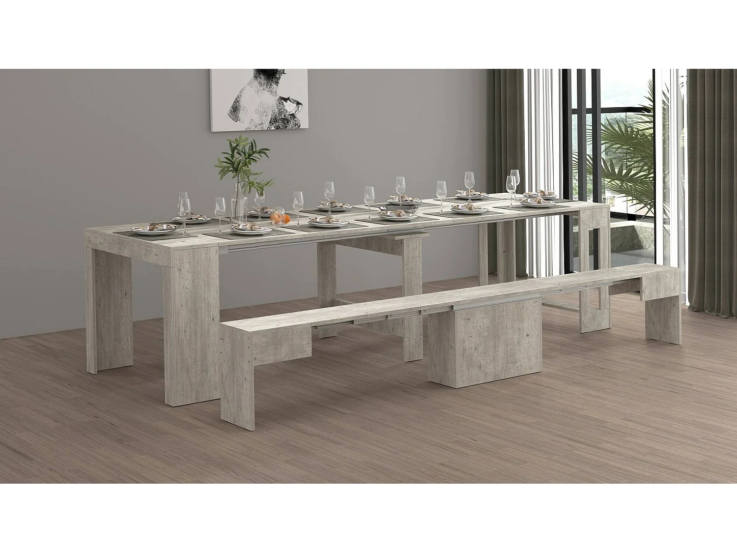 Dollocol Bank, Zitplaats voor eettafel, Enkele uitschuifbare bank, 290x25h45 cm, Cement