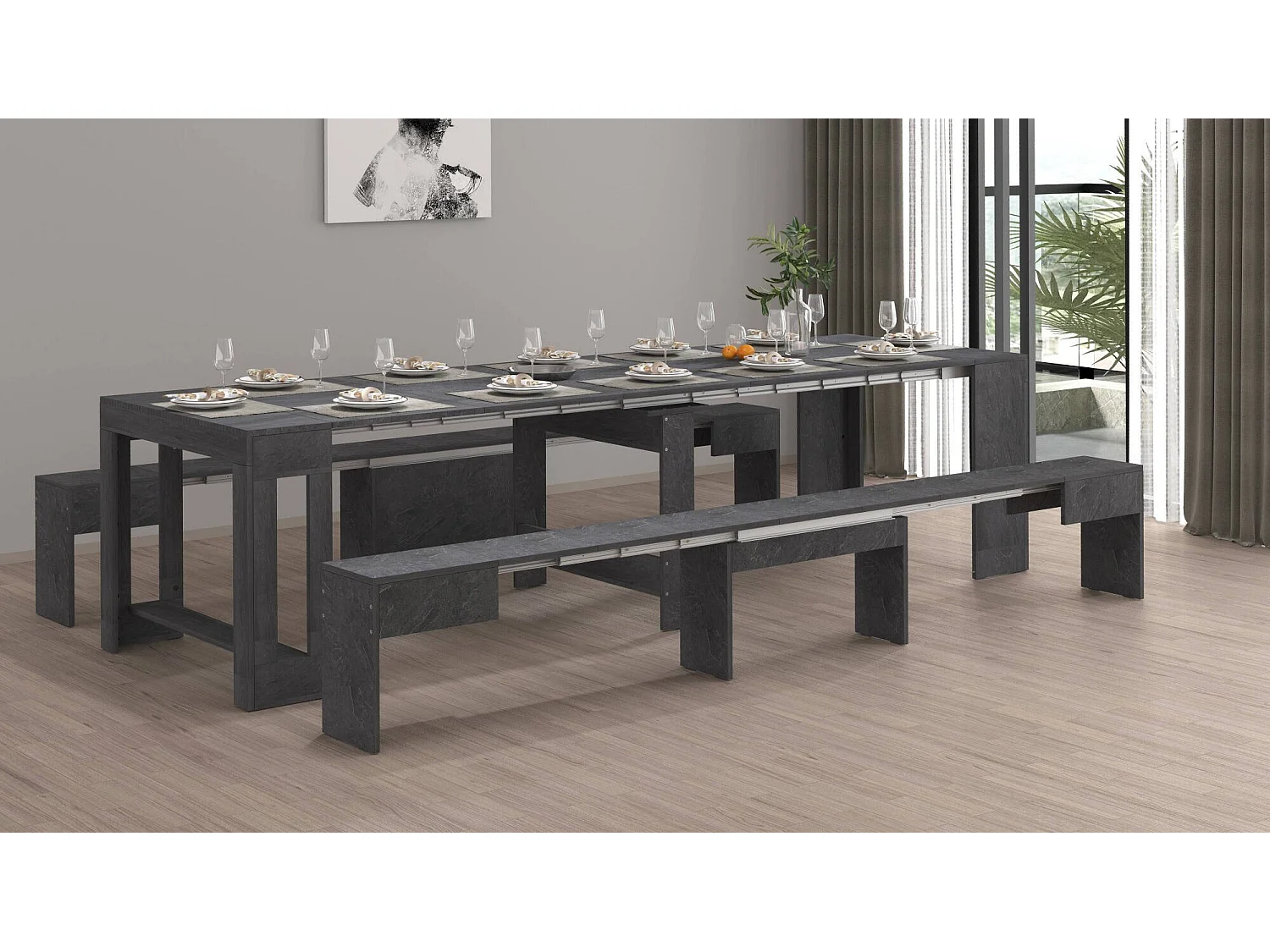 Banco Dcolasuon, Conjunto de 2 lugares para mesa de jantar, Bancos extensíveis, 290x25h45 cm, Ardósia