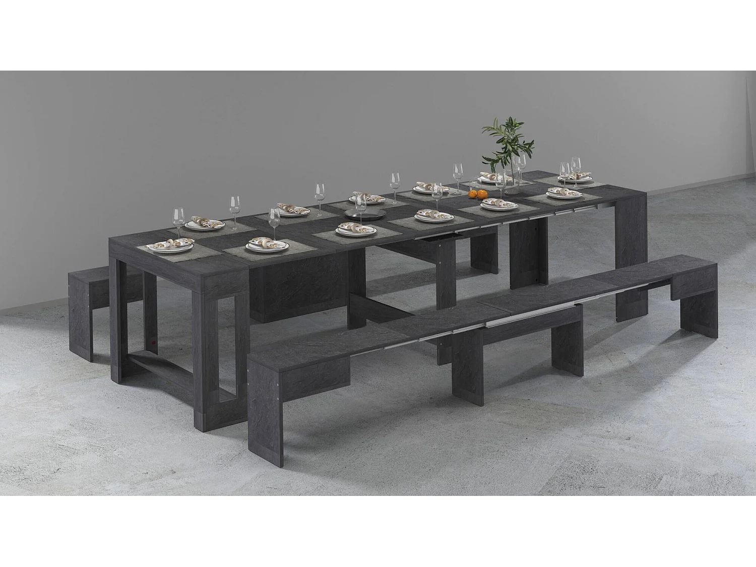 Banc Dcolasuon, Lot de 2 Sièges pour table à manger, Bancs extensibles, 290x25h45 cm, Ardoise