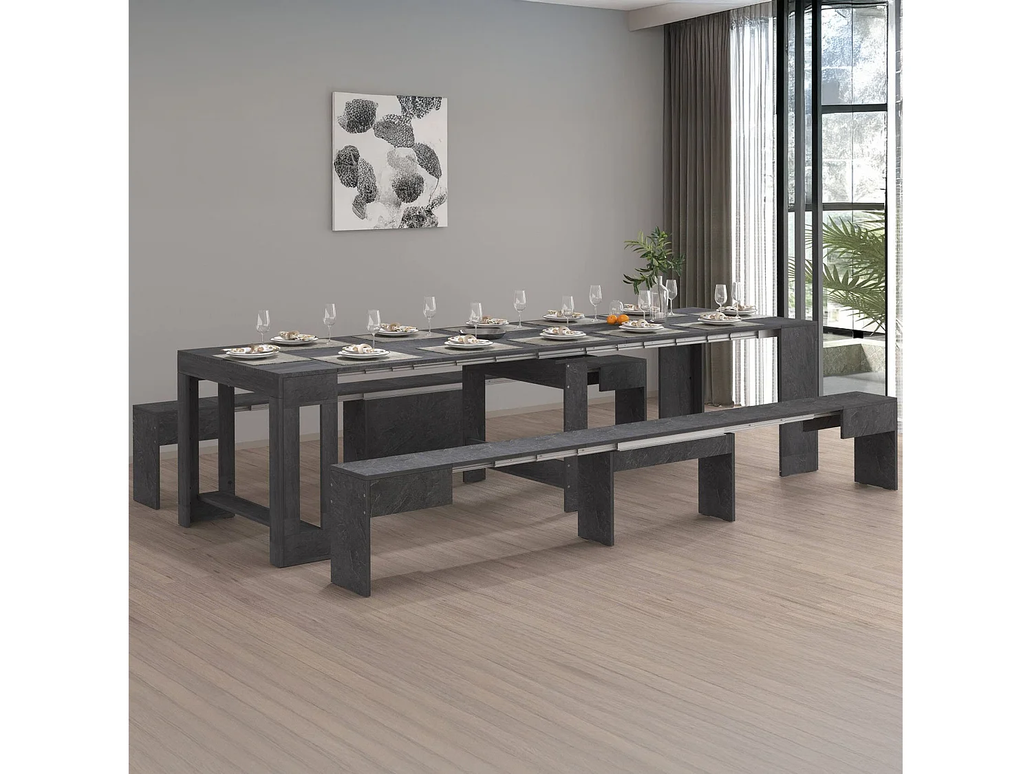 Banc Dcolasuon, Lot de 2 Sièges pour table à manger, Bancs extensibles, 290x25h45 cm, Ardoise