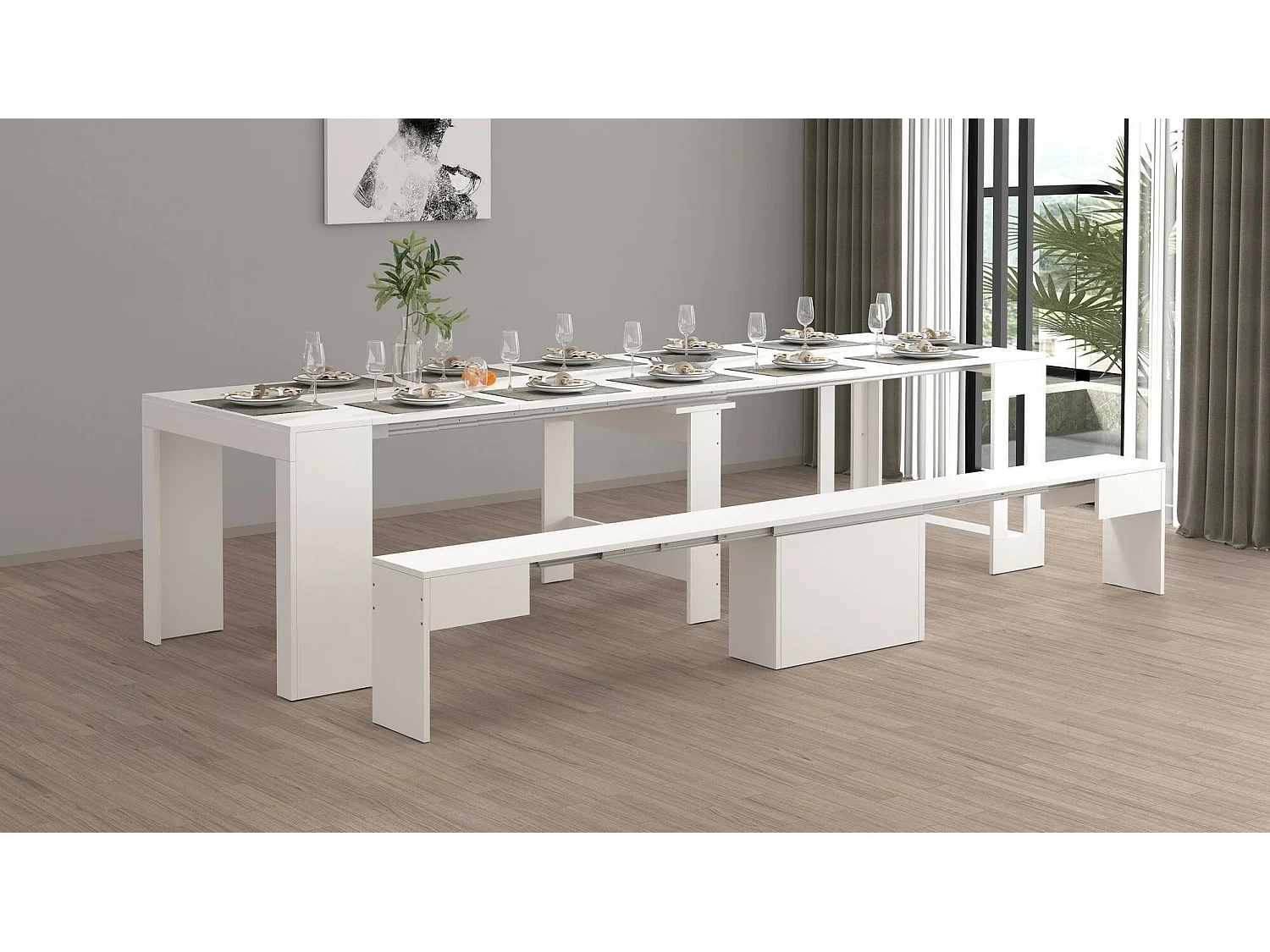 Banc Dollocol, Siège pour table à manger, Banc simple extensible, 290x25h45 cm, Blanc brillant