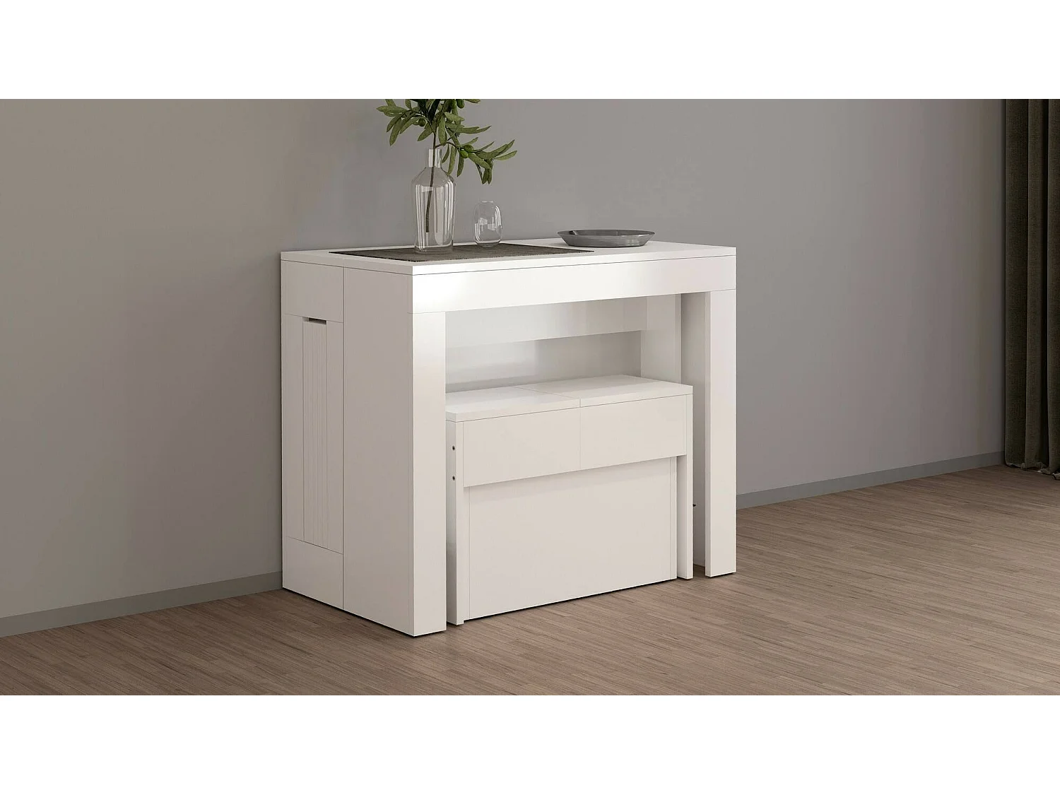Banc Dollocol, Siège pour table à manger, Banc simple extensible, 290x25h45 cm, Blanc brillant