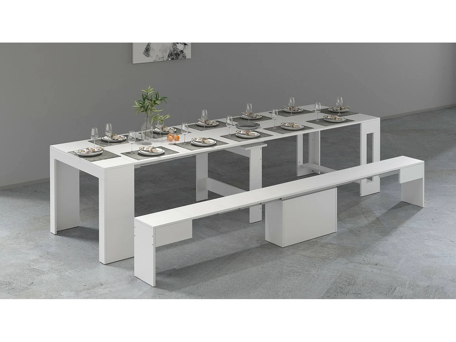 Banc Dollocol, Siège pour table à manger, Banc simple extensible, 290x25h45 cm, Blanc brillant