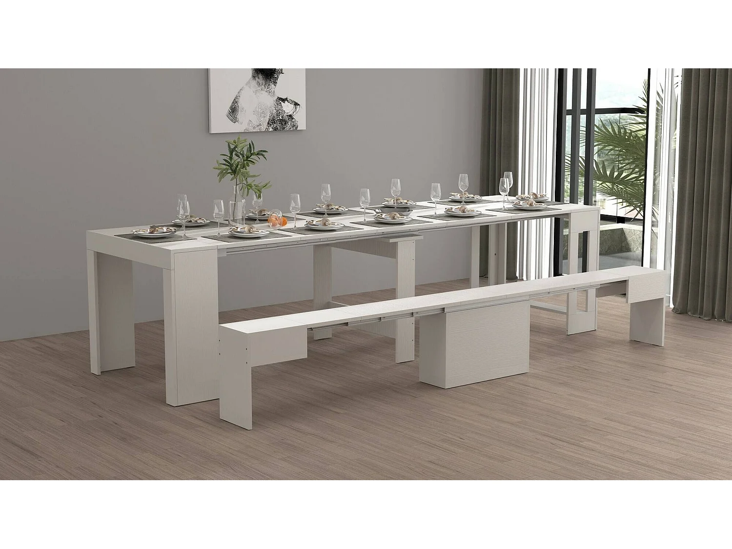 Banc Dollocol, Siège pour table à manger, Banc simple extensible, 290x25h45 cm, Blanc