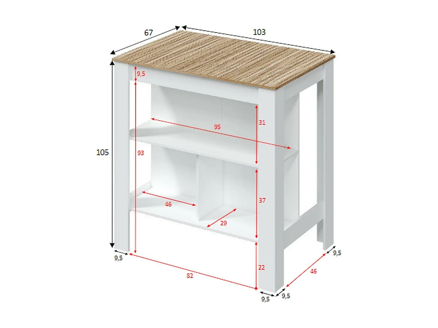 Table fixe Dzinett, Etagère de cuisine, Consolle à manger, Tablette rectangulaire fixe, 103x67 h105 cm, Blanc et Chêne clair