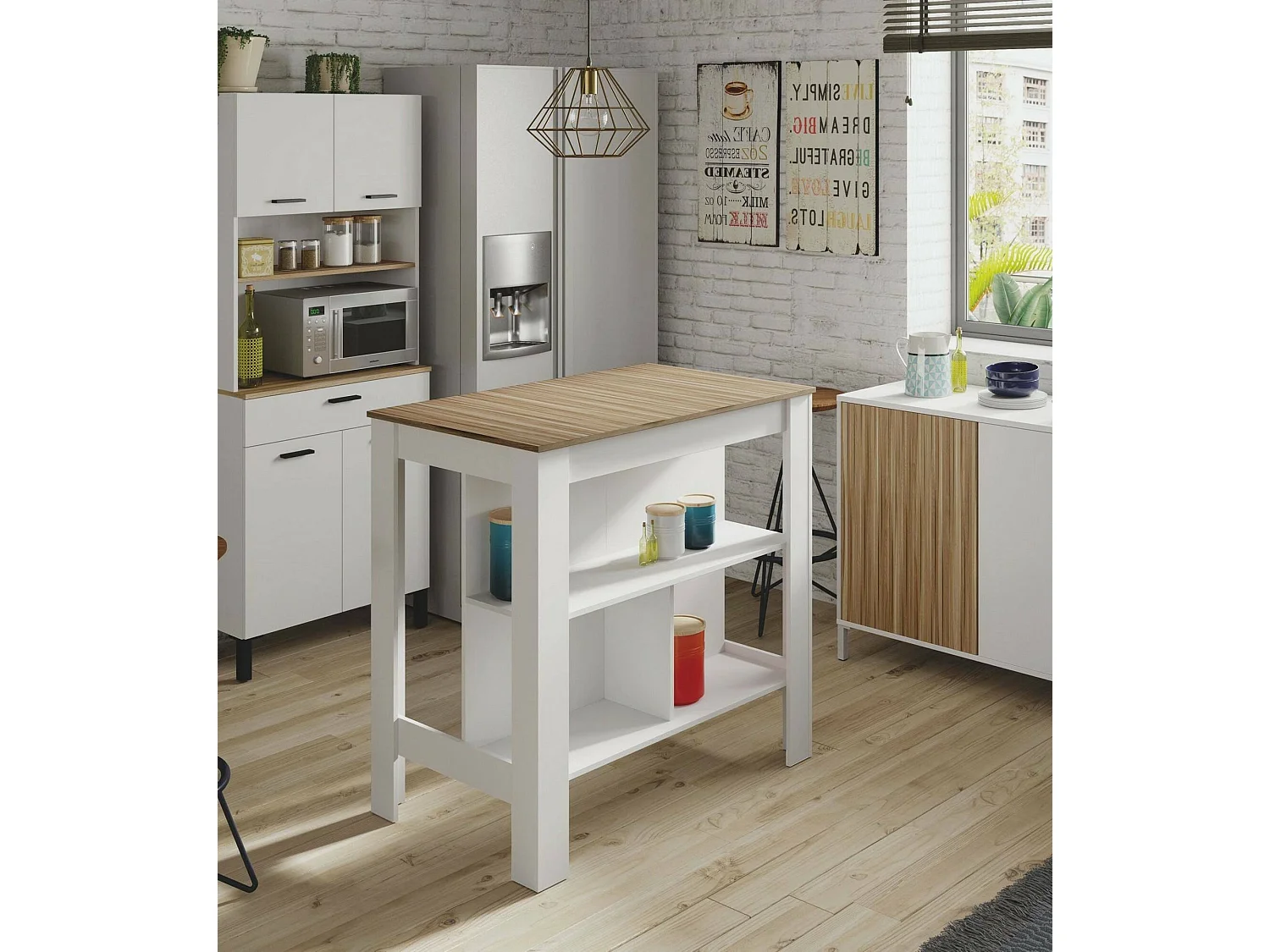 Dzett vaste tafel, Keukenplank, Eetkamerconsole, Vaste rechthoekige plank, 103x67 h105 cm, Wit en Eiken