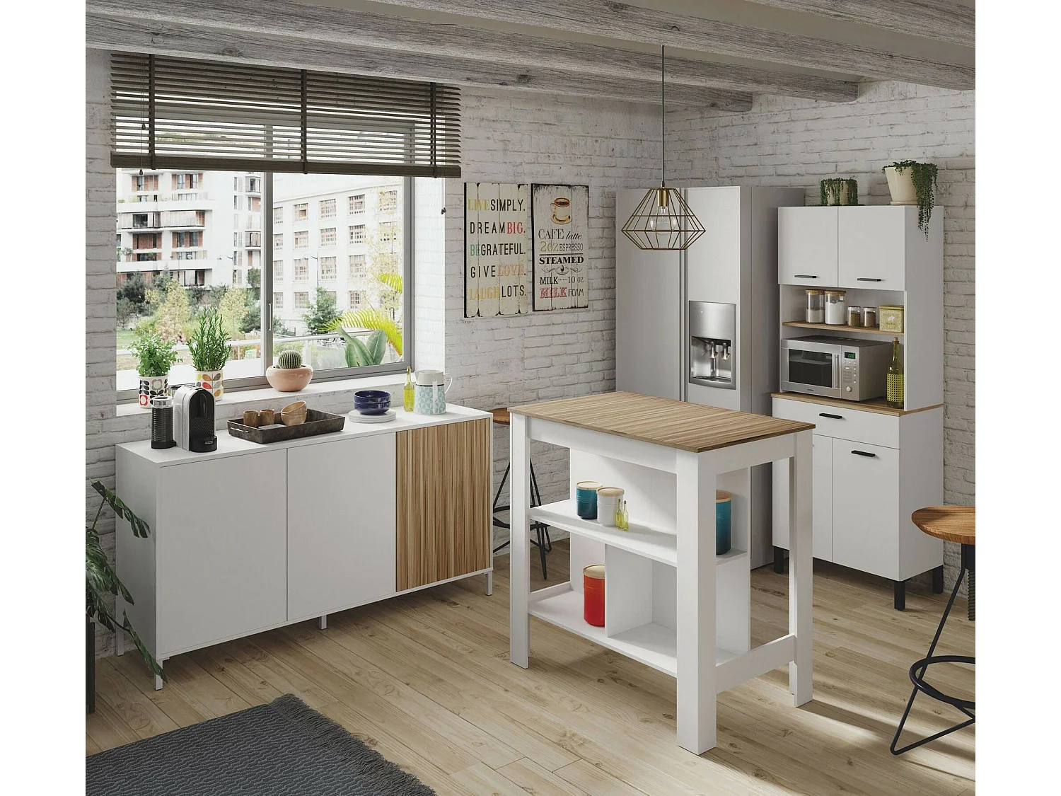 Dmora - Tavolo fisso Barzano, 103x67 h105 cm, Bianco e Rovere