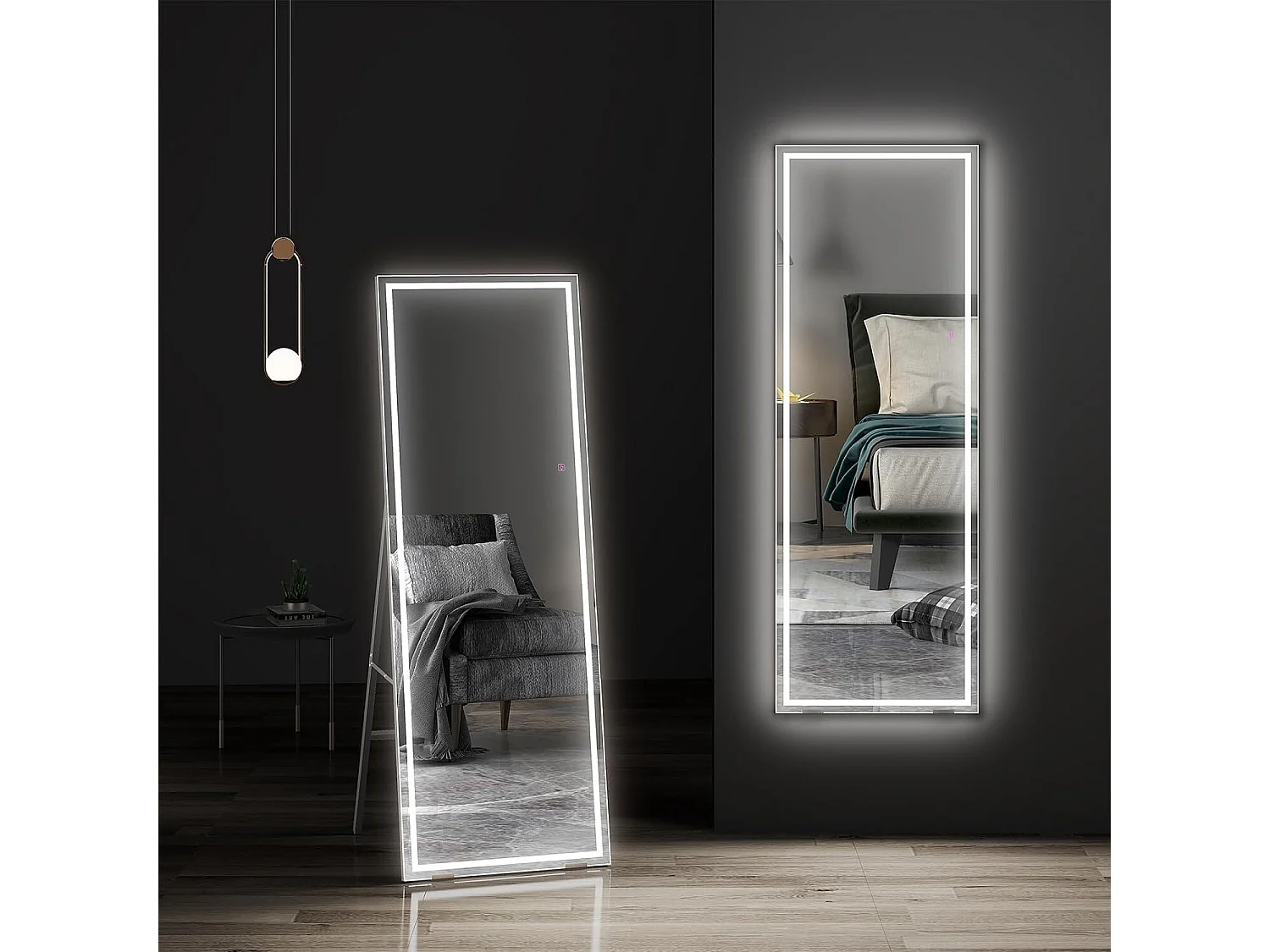 150 x 40 cm grote spiegel, LED-spiegel met staande of wandverlichting, 3 kleuren verstelbaar, vloerspiegel, slaapkamer, woonkamer, zwart