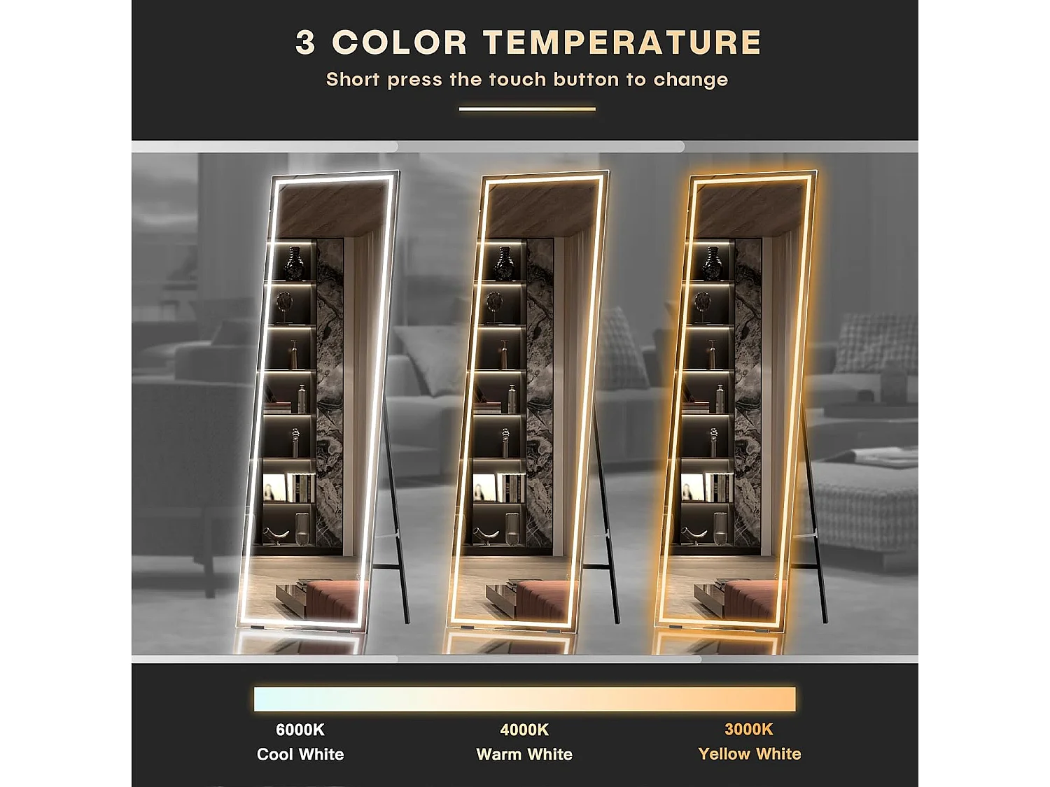 150 x 40 cm grote spiegel, LED-spiegel met staande of wandverlichting, 3 kleuren verstelbaar, vloerspiegel, slaapkamer, woonkamer, zwart