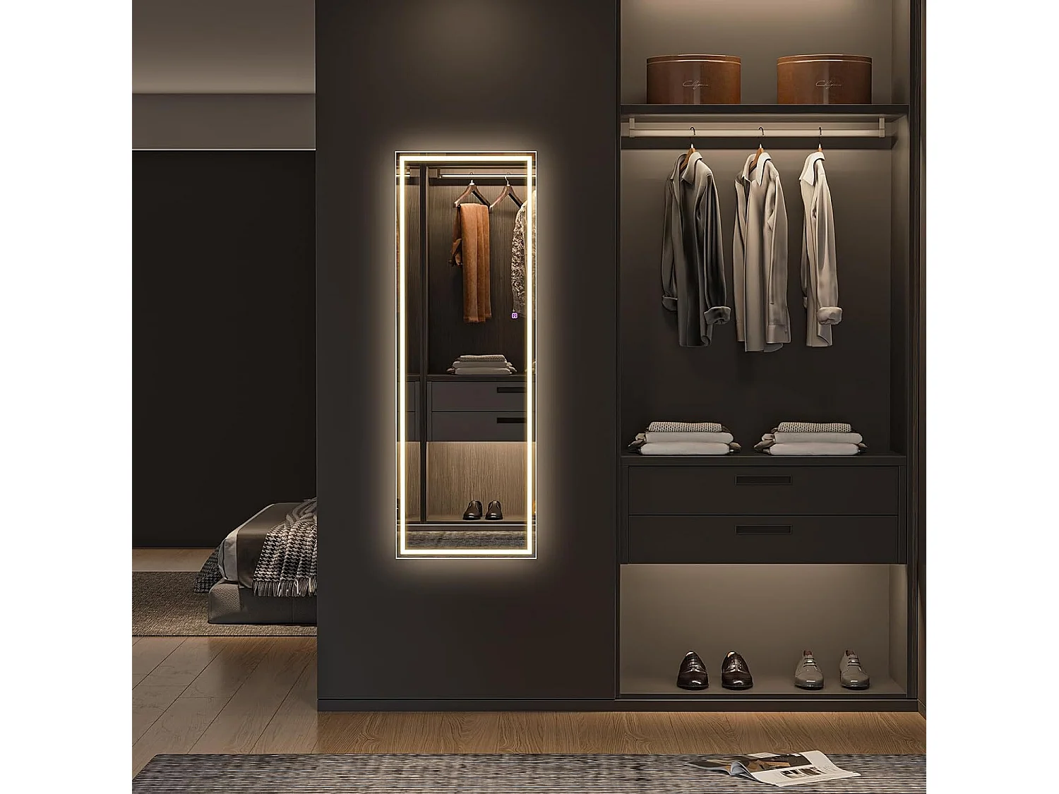 150 x 40 cm grote spiegel, LED-spiegel met staande of wandverlichting, 3 kleuren verstelbaar, vloerspiegel, slaapkamer, woonkamer, zwart