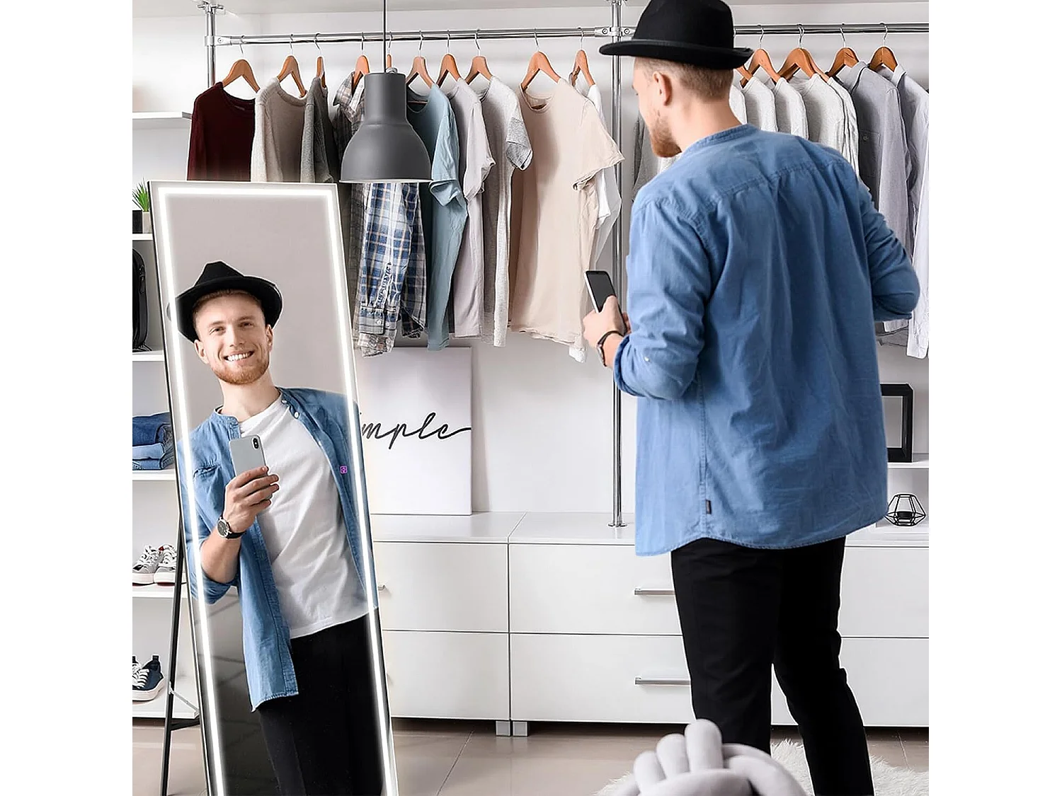 150 x 40 cm grote spiegel, LED-spiegel met staande of wandverlichting, 3 kleuren verstelbaar, vloerspiegel, slaapkamer, woonkamer, zwart