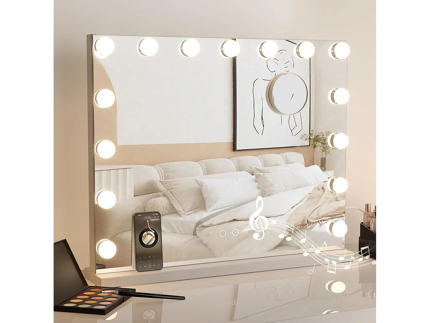 Specchio Hollywood con lampada e alto - specchio per trucco per altoparlanti Bluetooth con 15 lampadine a LED dimmebles 58 x 48 cm - bianco