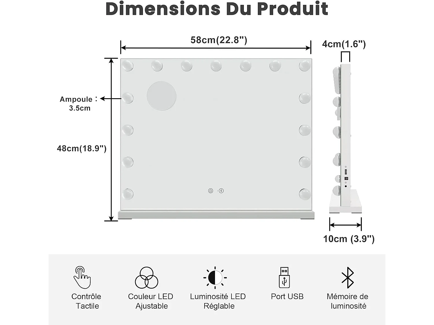 Specchio Hollywood con lampada e alto - specchio per trucco per altoparlanti Bluetooth con 15 lampadine a LED dimmebles 58 x 48 cm - bianco