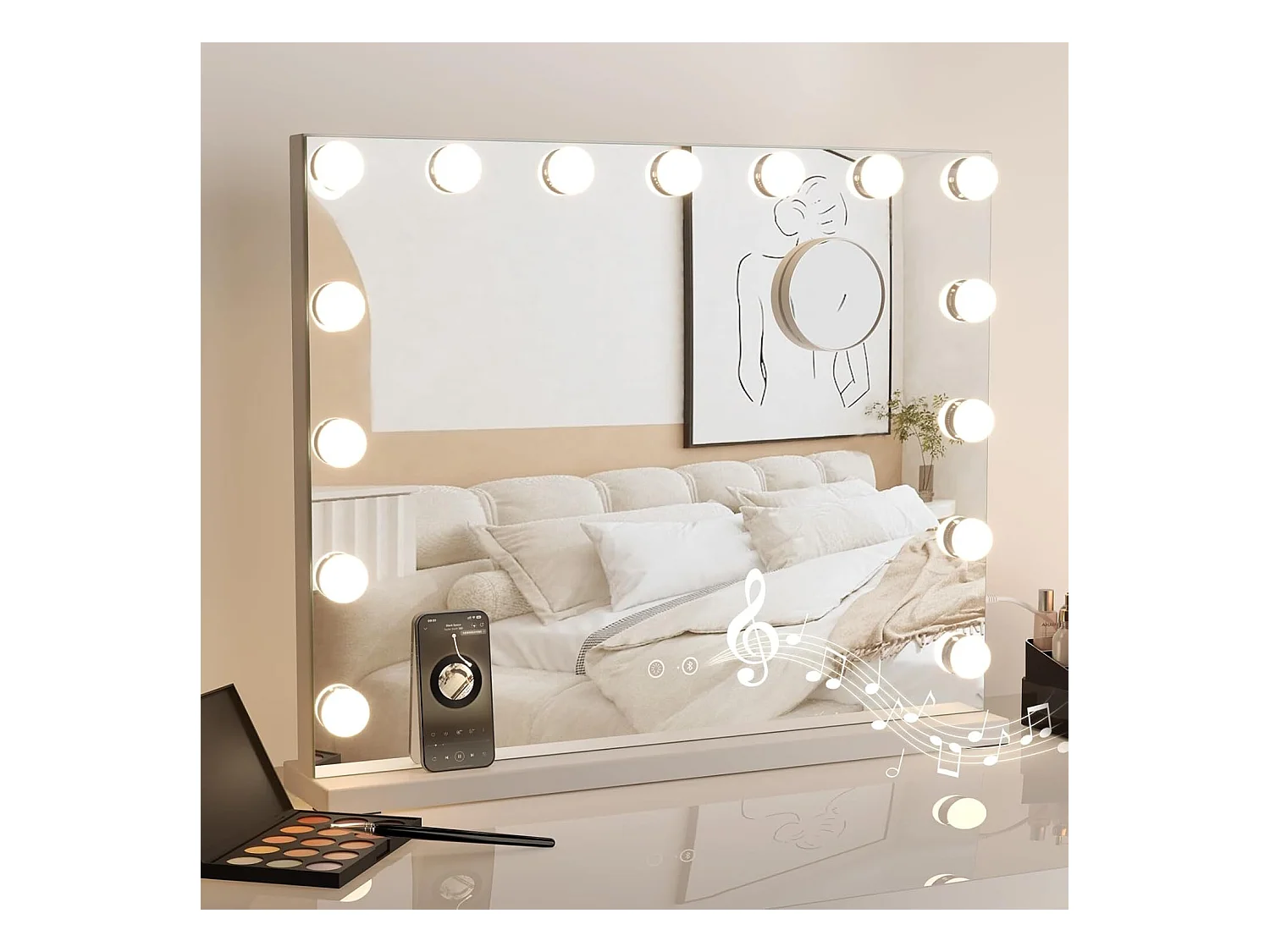 Espejo de Hollywood con lámpara y espejo de maquillaje de altavoces Bluetooth alto con 15 bombillas LED Dimmables 58 x 48 cm - blanco