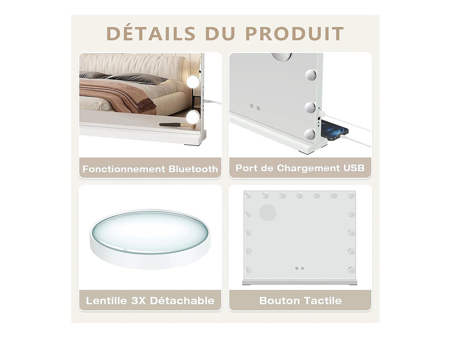 Hollywood-spiegel met lamp en Bluetooth-luidspreker Make-upspiegel met 15 dimbare LED-lampen 58 x 48 cm - Wit