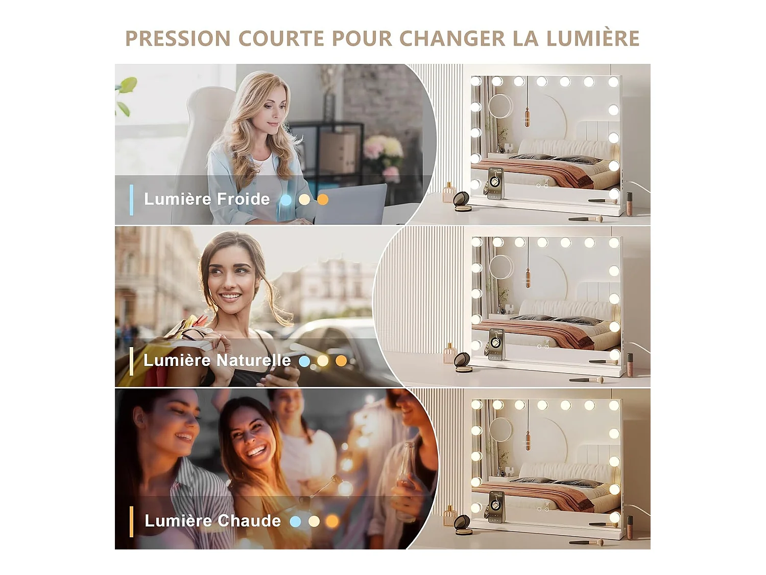 Hollywood-spiegel met lamp en Bluetooth-luidspreker Make-upspiegel met 15 dimbare LED-lampen 58 x 48 cm - Wit