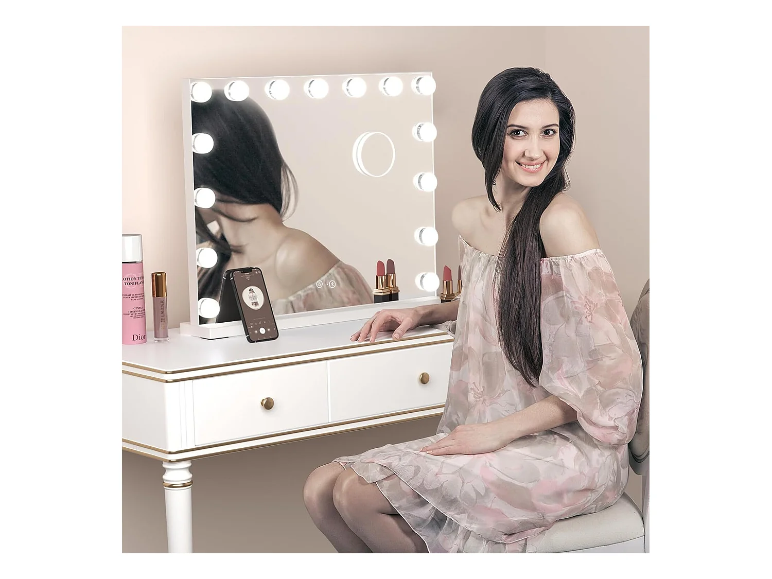 Hollywood-spiegel met lamp en Bluetooth-luidspreker Make-upspiegel met 15 dimbare LED-lampen 58 x 48 cm - Wit