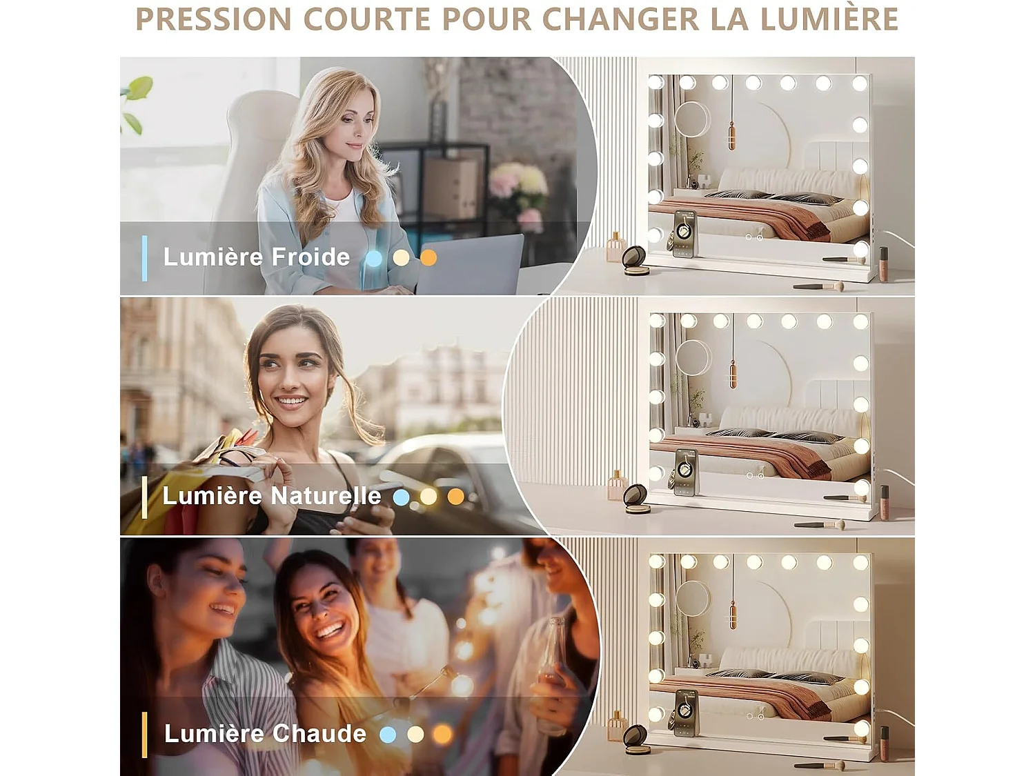 Hollywood-spiegel met lamp en Bluetooth-luidspreker Make-upspiegel met 15 dimbare LED-lampen 58 x 48 cm - Wit