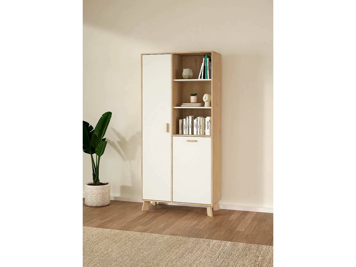 Dvarrell vitrinekast, Vitrinekast, Multifunctionele vitrinekast, Woonkamerdressoir, 89x40 h188 cm, Eiken en Wit