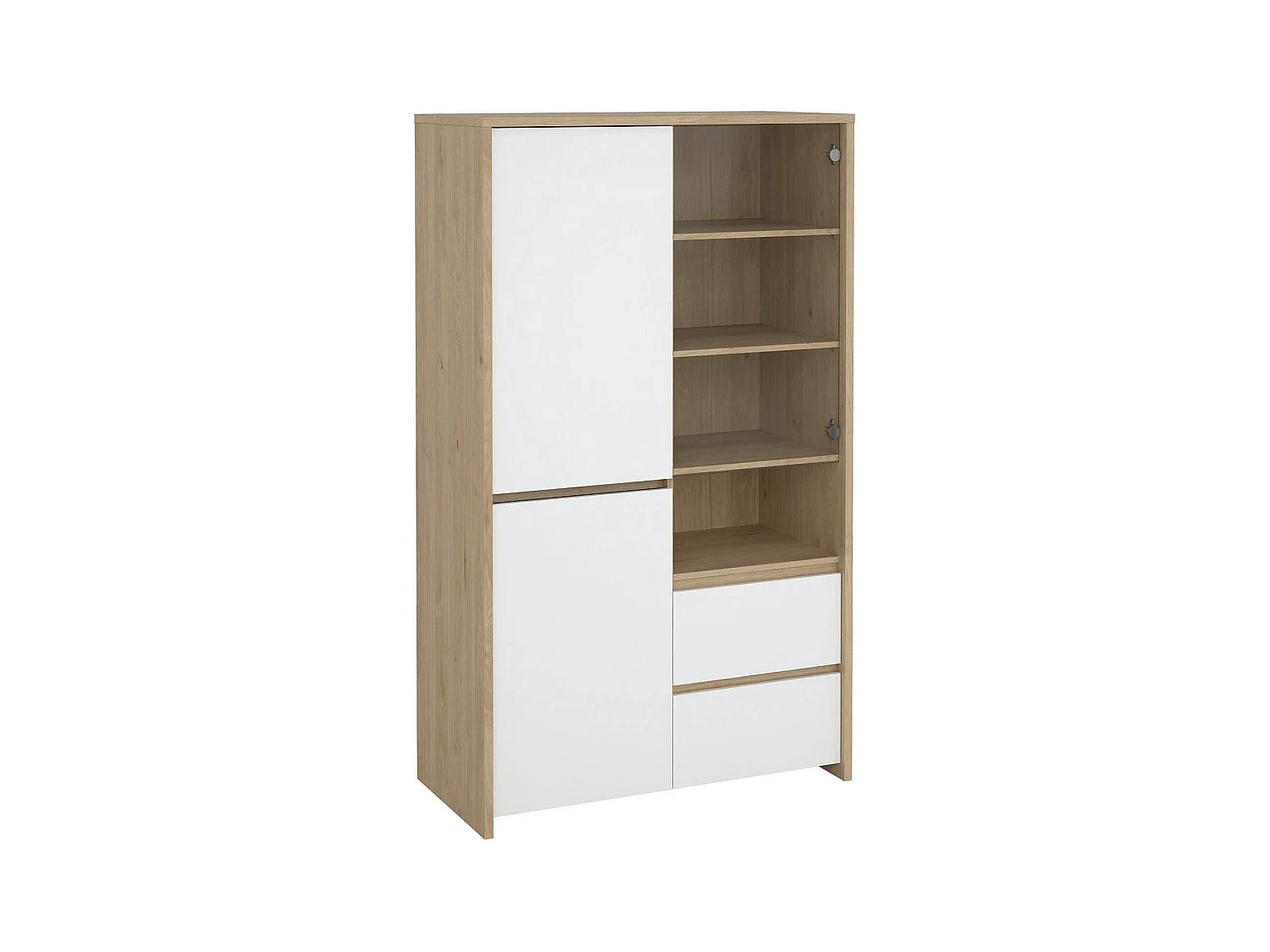 Vitrine Dvecin, Buffet d'exposition, Vitrine polyvalente, Buffet de salon, 100x48 h170 cm, Chêne clair et Blanc