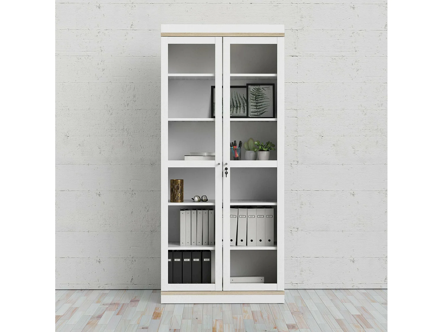 Vitrina Dvazque, Aparador de exposición, Vitrina multiusos, Aparador de salón, 89x36 h200 cm, Blanco y Roble