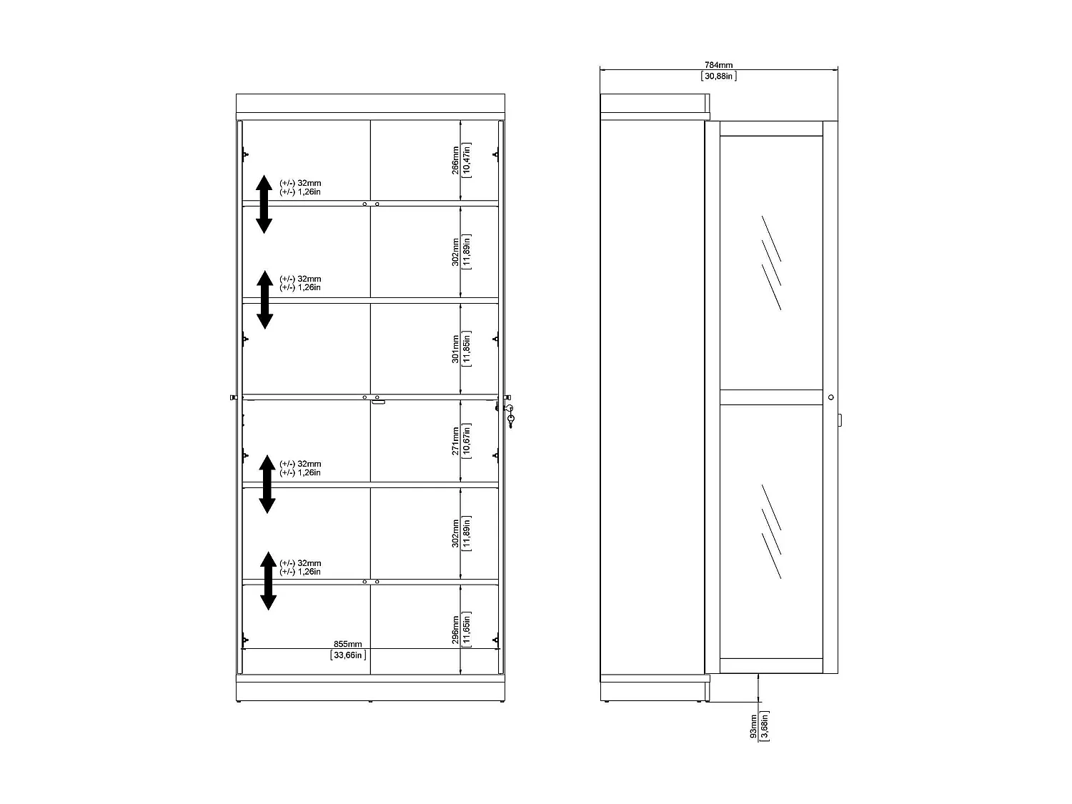 Vitrina Dvazque, Aparador de exposición, Vitrina multiusos, Aparador de salón, 89x36 h200 cm, Blanco y Roble