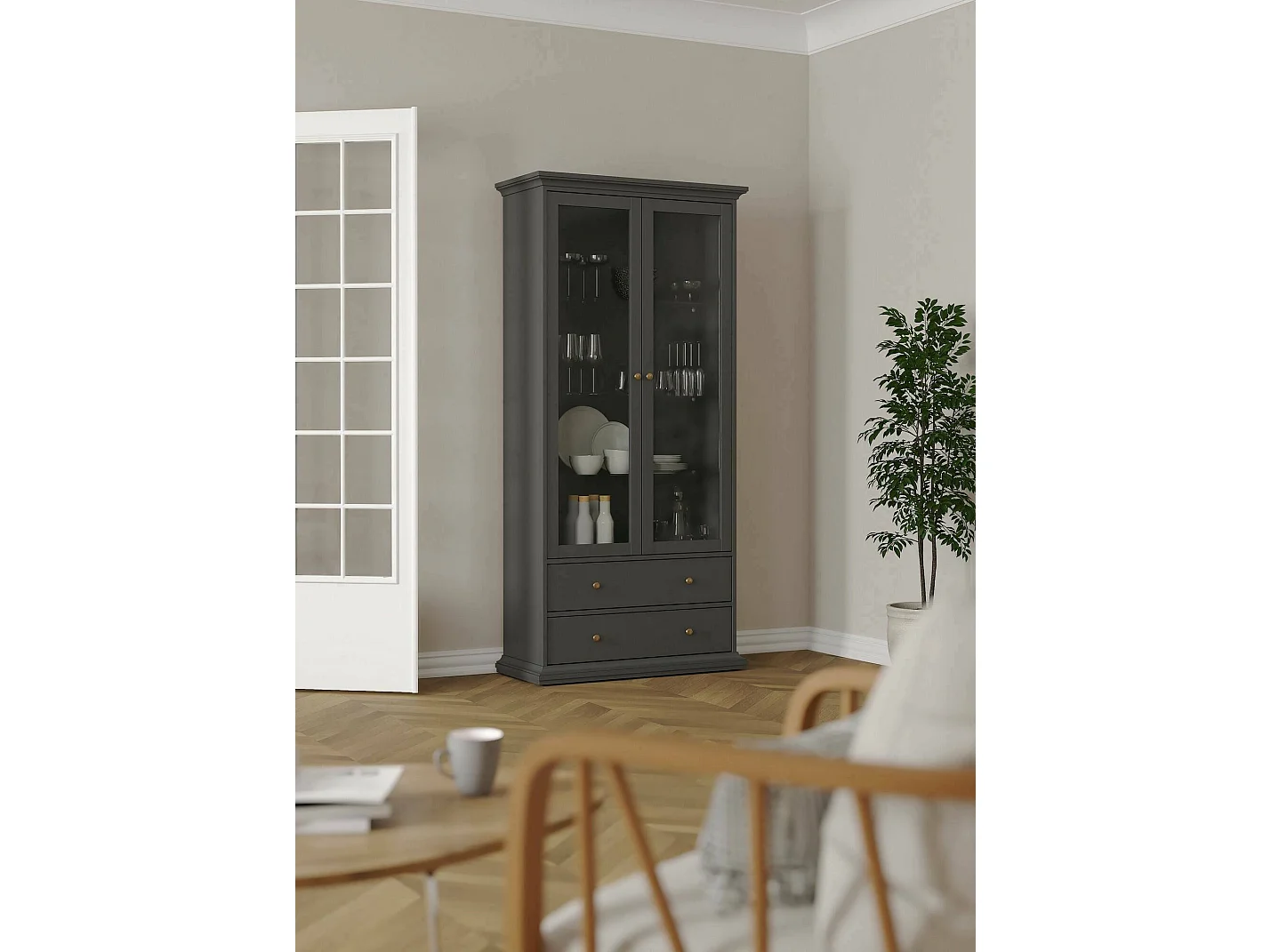 Vitrine Dvatt, Glas-Sideboard, Mehrzweckvitrine, Hängendes Bücherregal mit Glastüren, 96x42 h201 cm, Grau