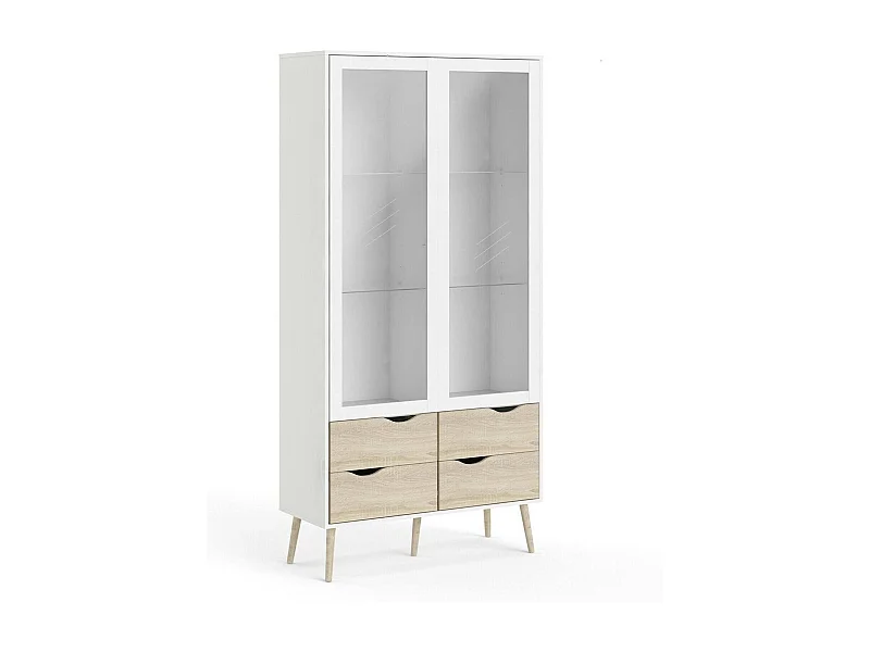 Vitrine Dvarol, Glas-Sideboard, Mehrzweckvitrine, Hängendes Bücherregal mit Glastüren, 98x39 h200 cm, Weiß und Eiche