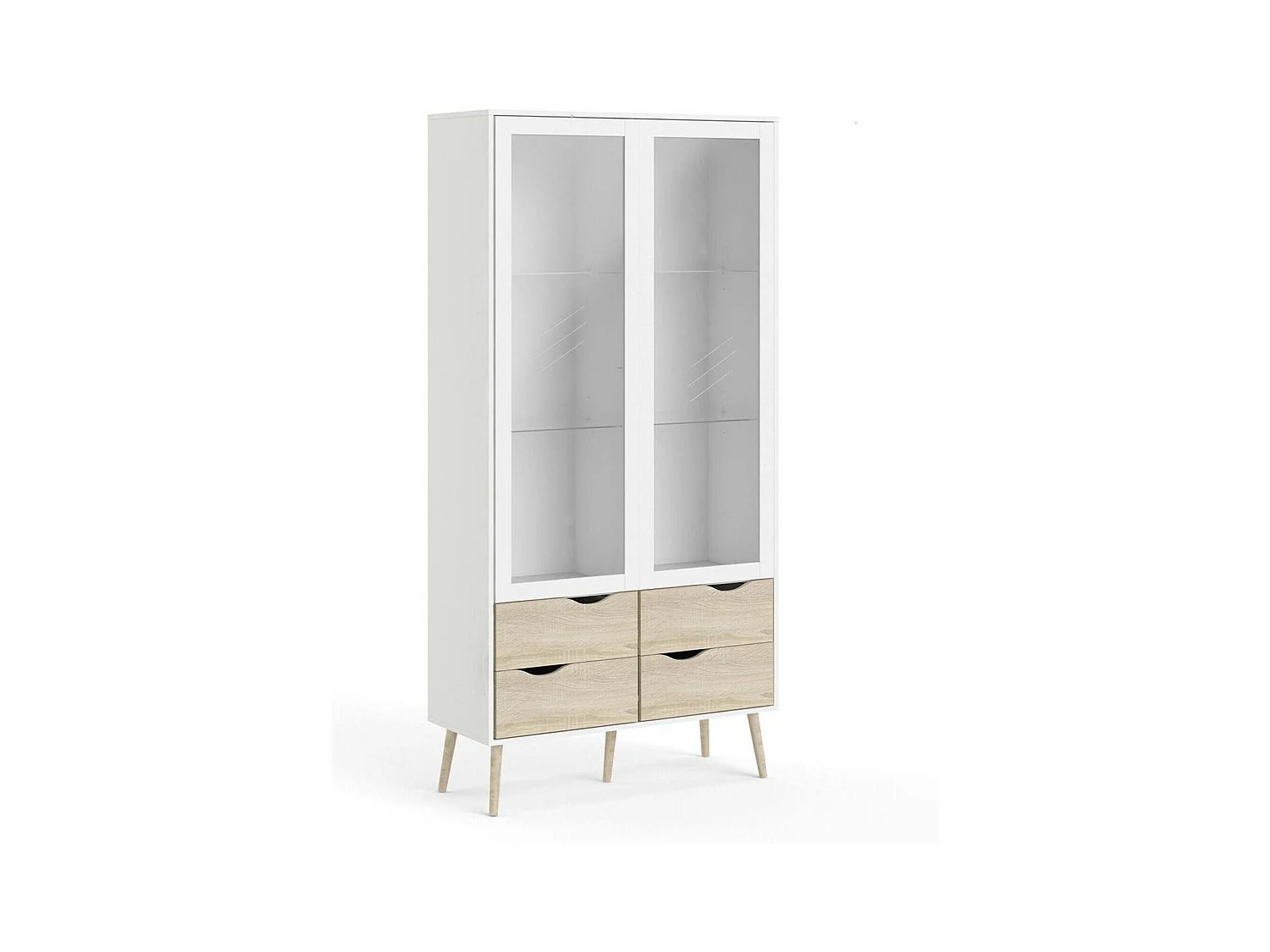 Vitrine Dvarol, Buffet d'exposition, Vitrine polyvalente, Buffet de salon, 98x39 h200 cm, Blanc et chêne