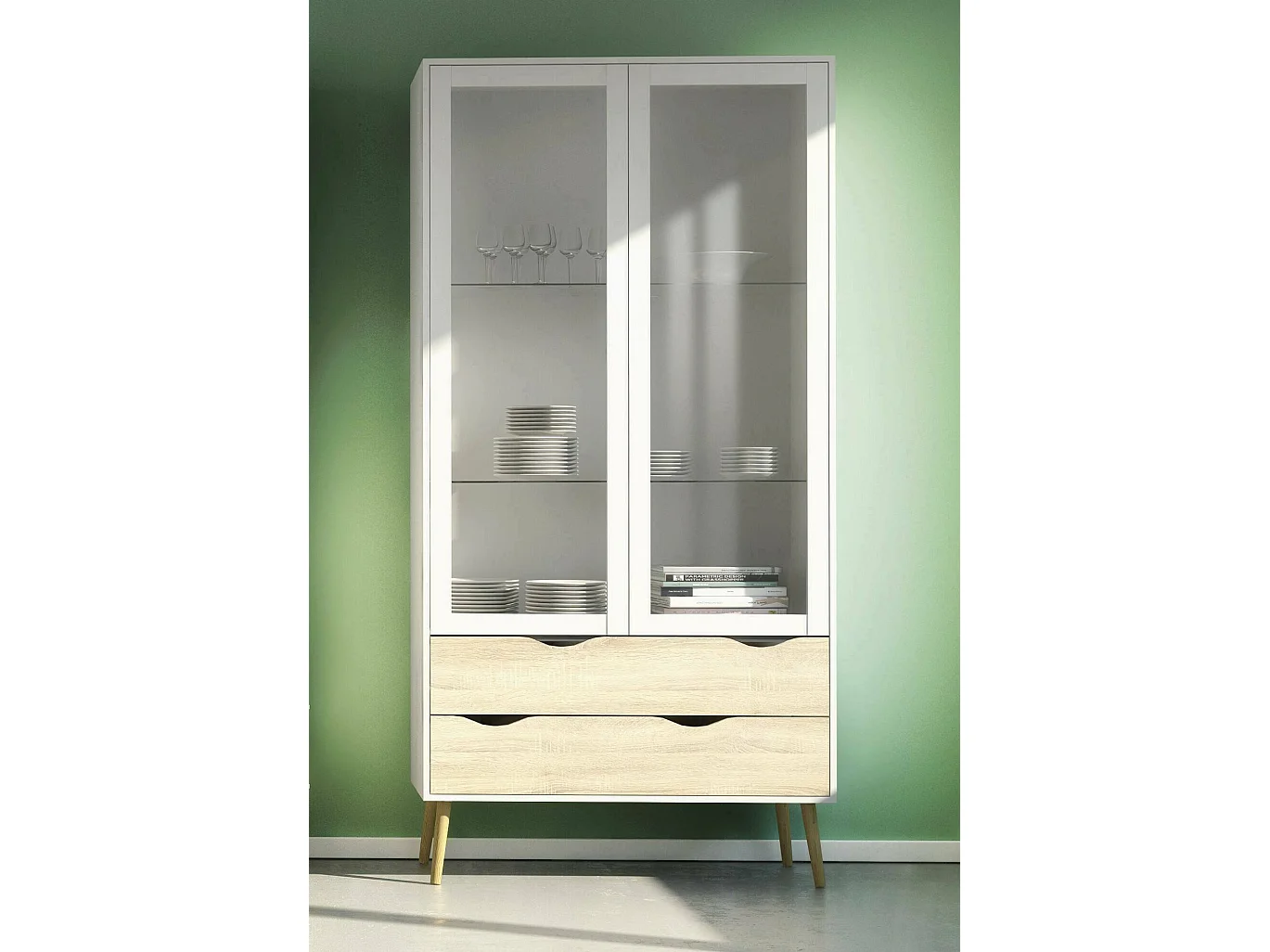 Vitrina Dvarol, Aparador de exposición, Vitrina multiusos, Aparador de salón, 98x39 h200 cm, Blanco y Roble