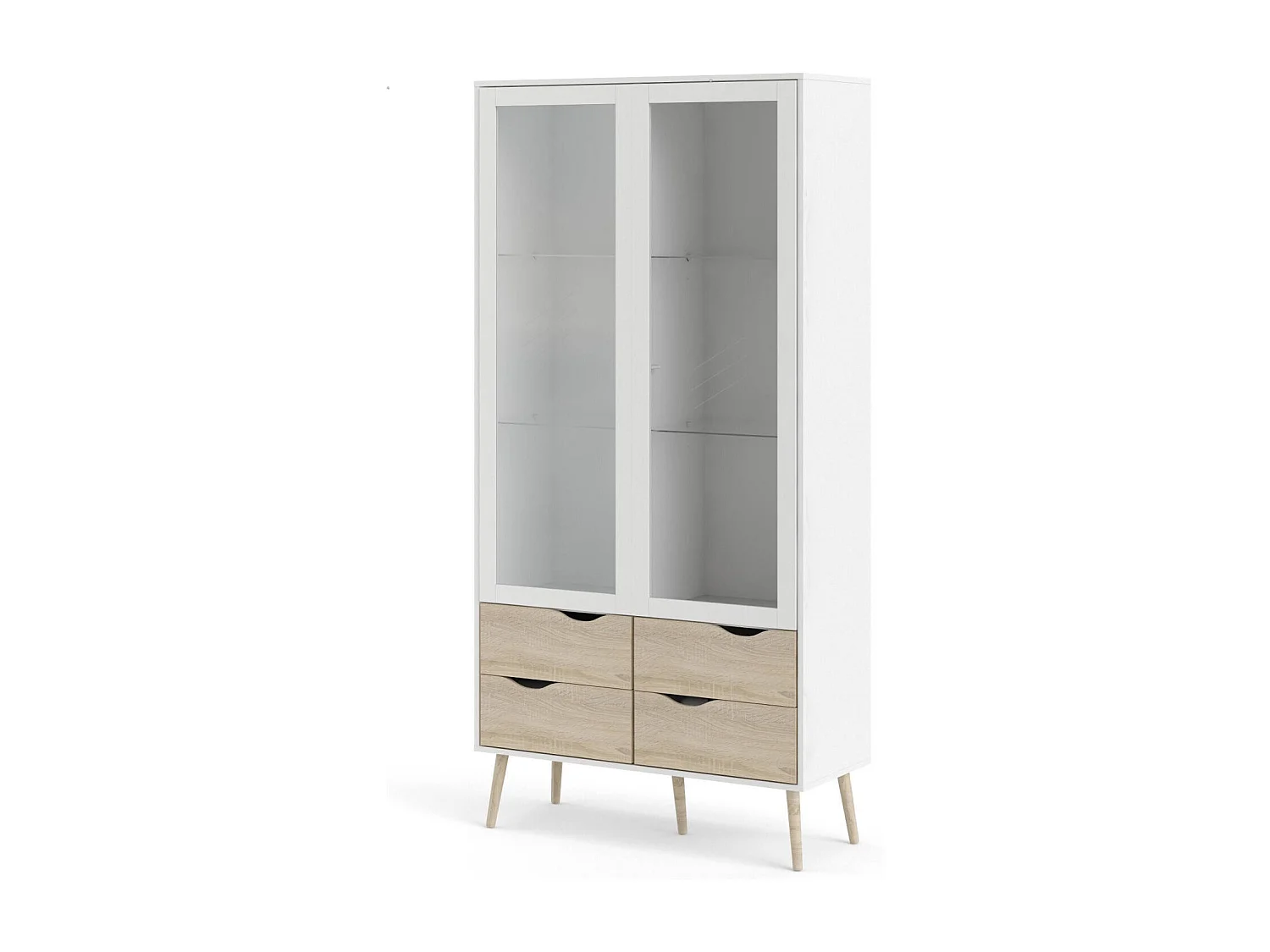 Vitrine Dvarol, Buffet d'exposition, Vitrine polyvalente, Buffet de salon, 98x39 h200 cm, Blanc et chêne