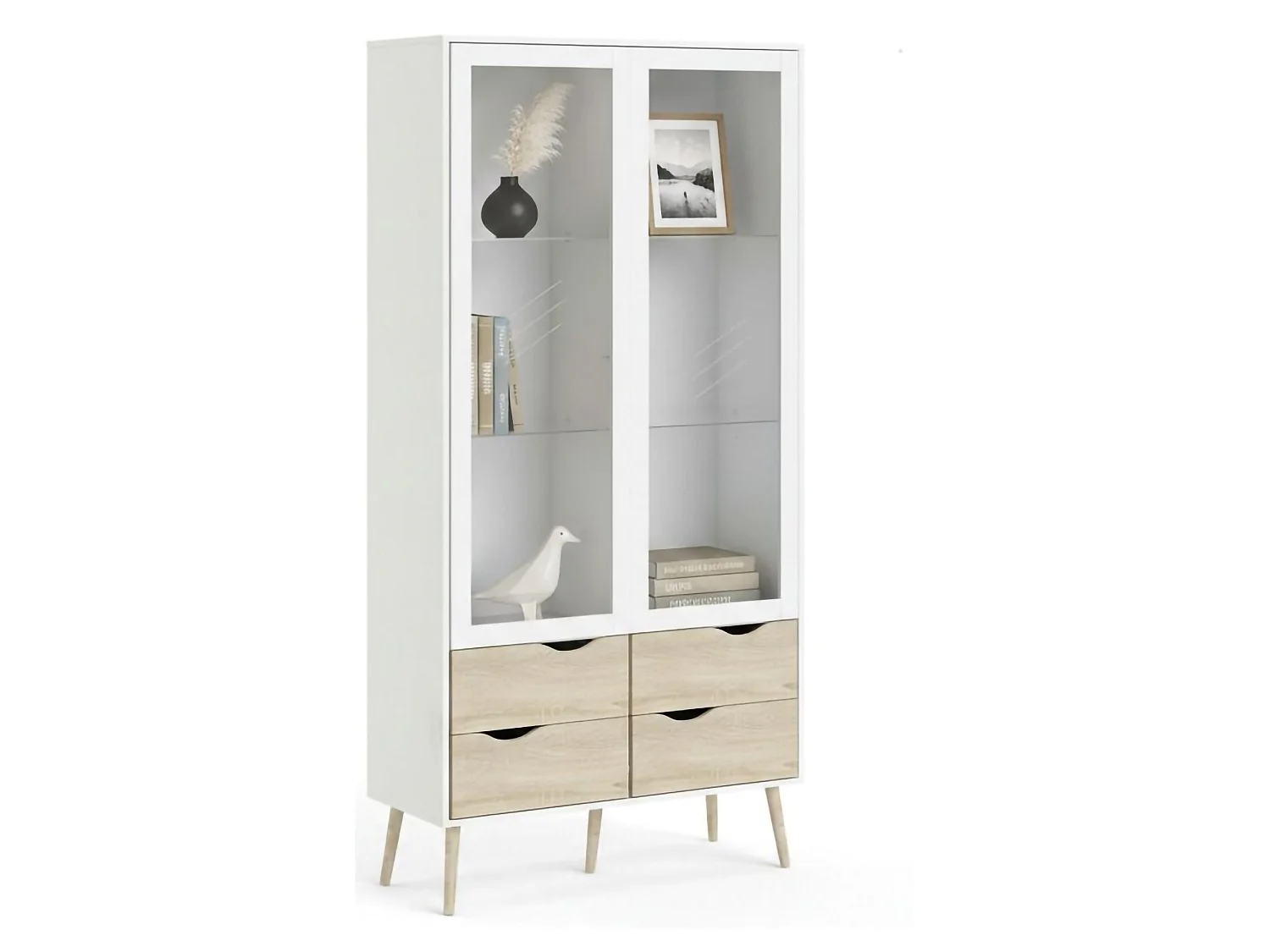 Vitrine Dvarol, Buffet d'exposition, Vitrine polyvalente, Buffet de salon, 98x39 h200 cm, Blanc et chêne
