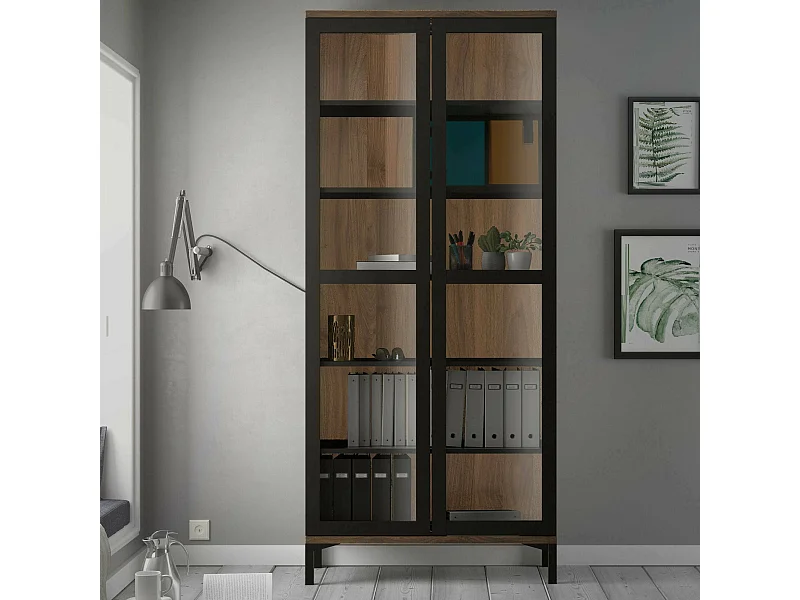 Vitrine Dvecchi, Buffet d'exposition, Vitrine polyvalente, Buffet de salon, 89x36 h203 cm, Noir et Noyer