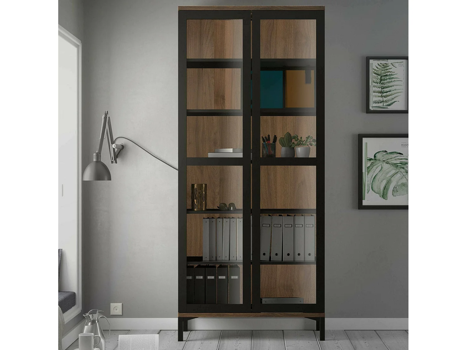 Dvecchi vitrinekast, Vitrinekast, Multifunctionele vitrinekast, Woonkamerdressoir, 89x36 h203 cm, Zwart en Walnoot